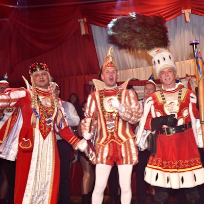 Zu sehen ist ein Dreigestirn auf einer Bühne voller kostümierter Menschen.