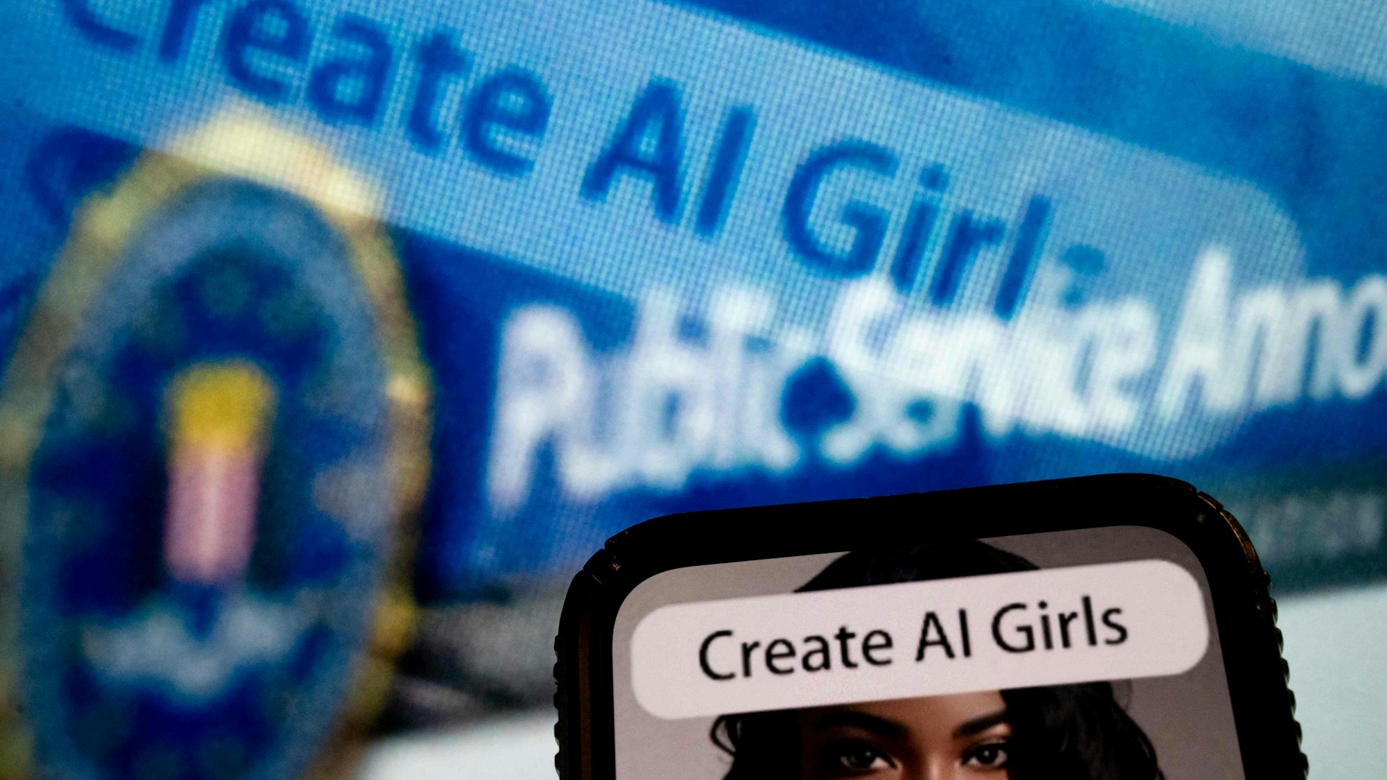 Ein Handy wird vor einen Bildschirm gehalten.