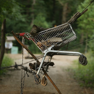Im Hambacher Forst hängt ein Einkaufswagen über einem Waldweg, um den Weg zu versperren. Die Polizei hatte bei einem größeren Einsatz im Hambacher Forst mehrere Aufbauten auf Wegen in dem Wald beseitigt. Der Wald war 2018 zum Symbol des Kampfes zwischen Klimaschützern und Kohlebranche geworden. +++ dpa-Bildfunk +++