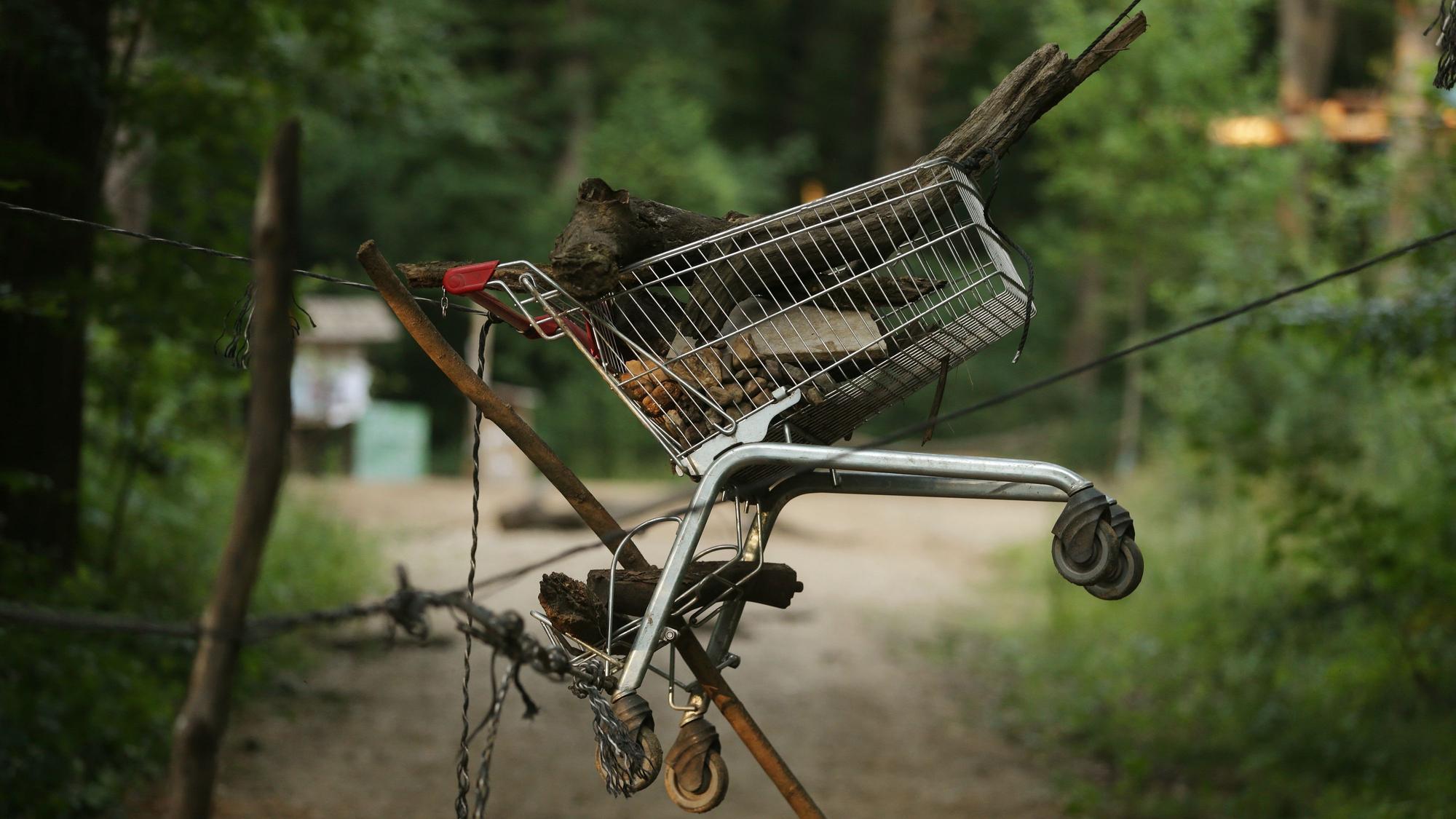Im Hambacher Forst hängt ein Einkaufswagen über einem Waldweg, um den Weg zu versperren. Die Polizei hatte bei einem größeren Einsatz im Hambacher Forst mehrere Aufbauten auf Wegen in dem Wald beseitigt. Der Wald war 2018 zum Symbol des Kampfes zwischen Klimaschützern und Kohlebranche geworden. +++ dpa-Bildfunk +++
