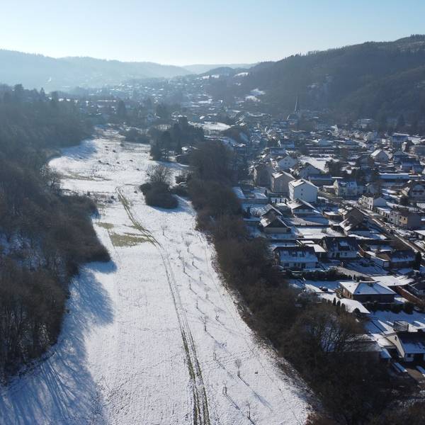 Blick von oben auf das Plateau und den Ort Olef.