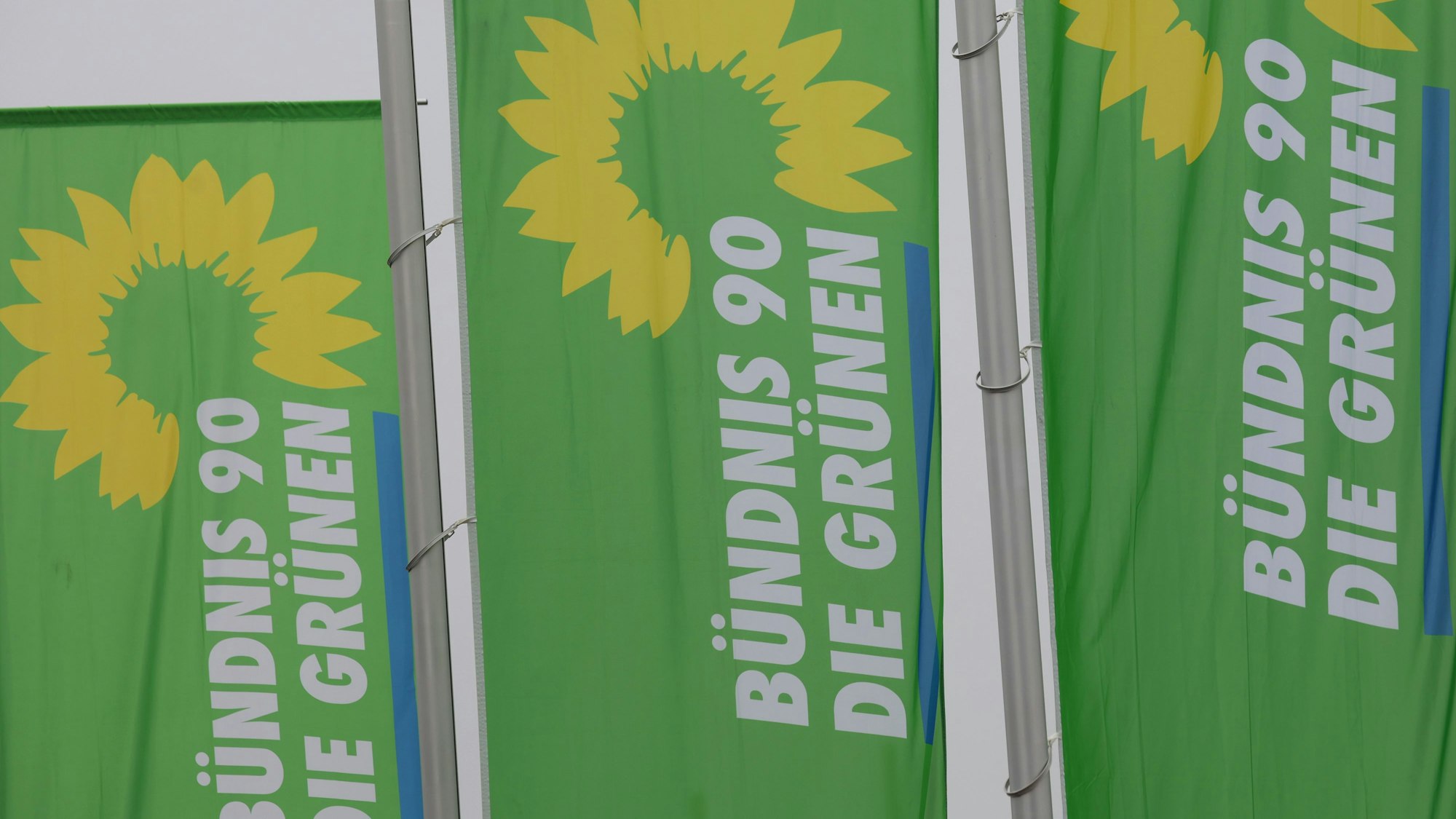 Fahnen von Bündnis90/Die Grünen sind bei der Landesdelegiertenkonferenz der bayerischen Grünen vor dem Gebäude zu sehen.