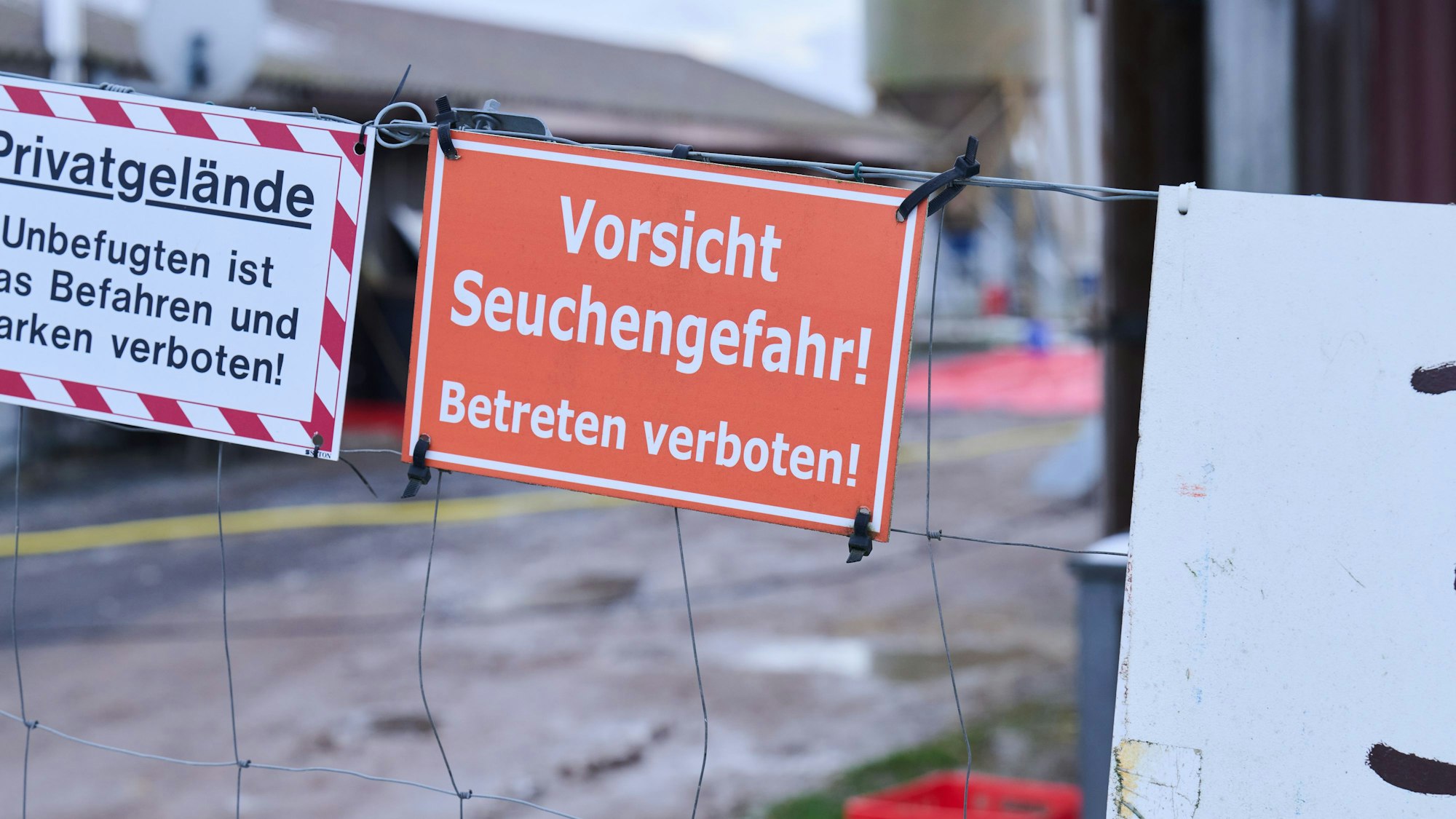 ARCHIV - 11.01.2025, Brandenburg, Mehrow: ·Vorsicht Seuchengefahr!· steht auf einem Schild an einem Betrieb in Mehrow. (zu dpa: «Brandenburg lässt Impfstoff gegen Tierseuche herstellen») Foto: Annette Riedl/dpa +++ dpa-Bildfunk +++