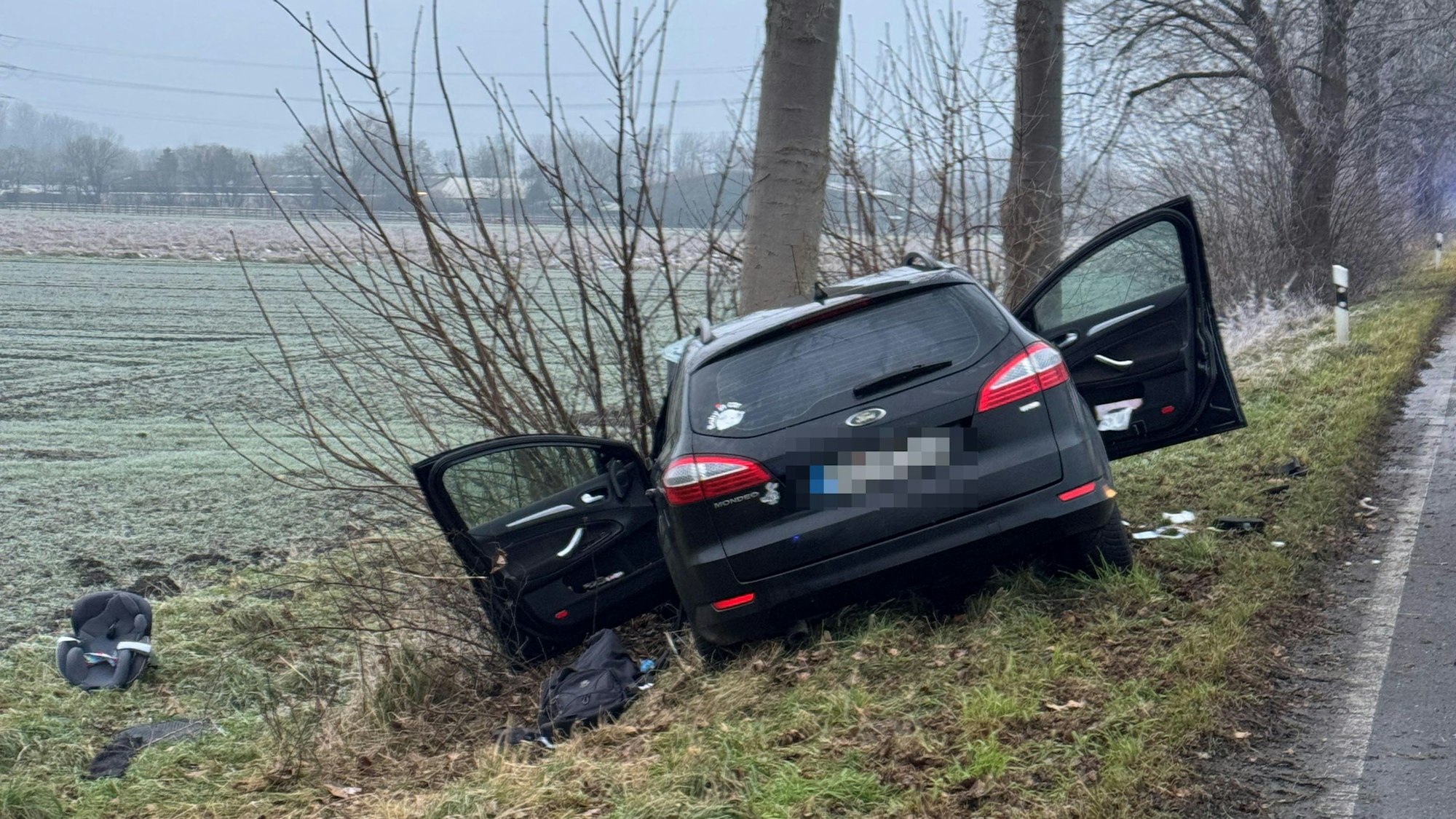 Das Bild zeigt einen dunklen Wagen, der gegen einen Baum am Straßenrand geprallt ist.