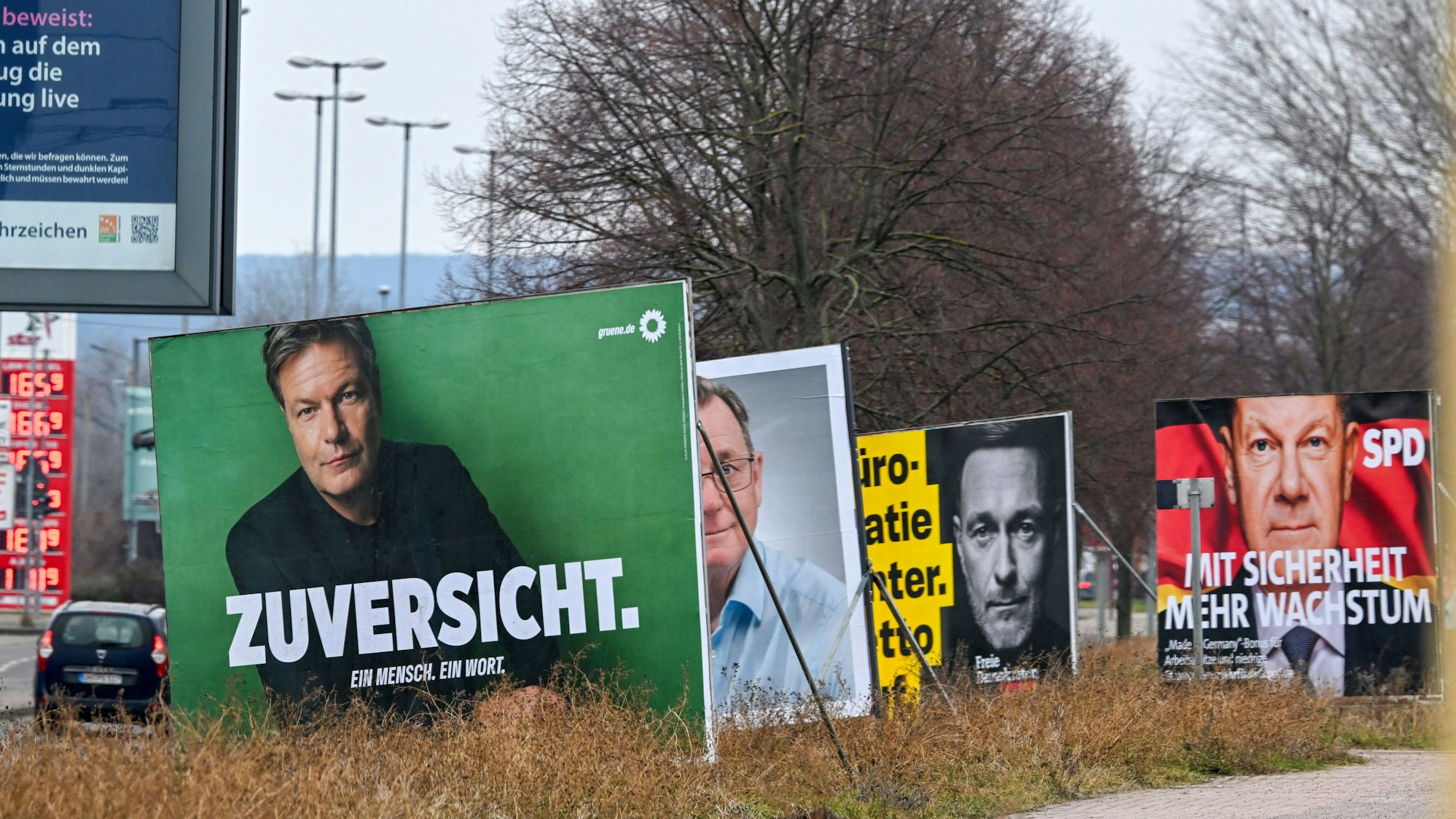 Wahlplakate von Bündnis90/Die Grünen, Die Linke, FDP und SPD stehen an der Straße.