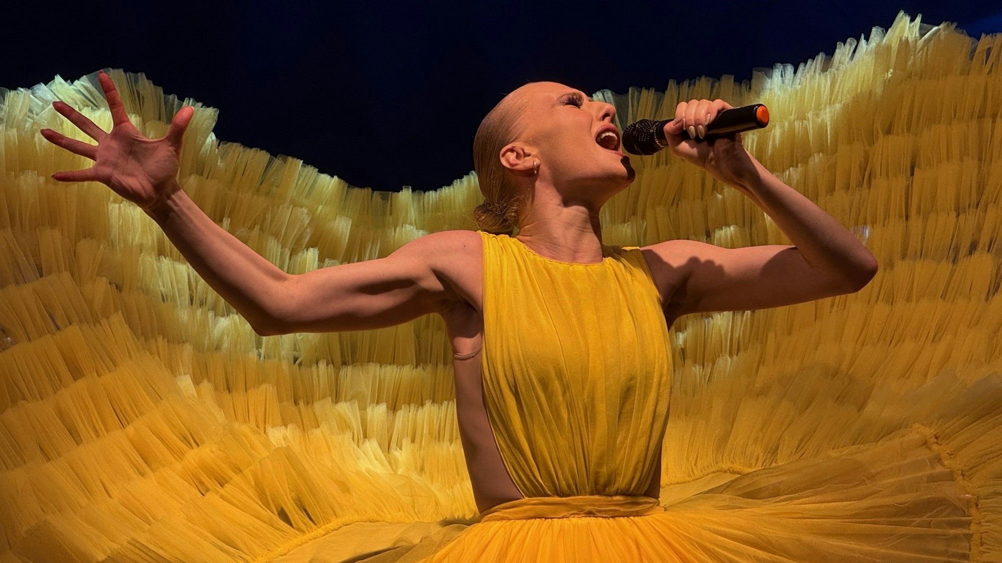 Hanna Levchenko steht in einem gelben Tüllkleid als Celine Dion
auf der Bühne.