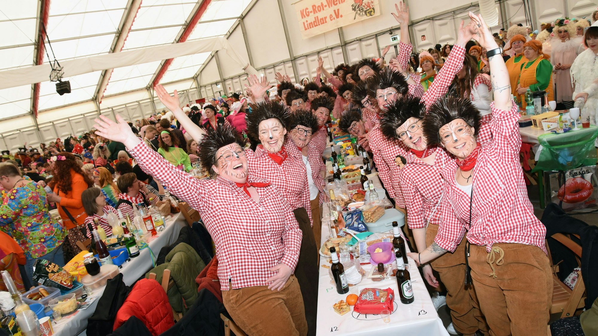 Mehrere Frauen in einem Gruppenkostüm auf einer Damensitzung im Karneval.
