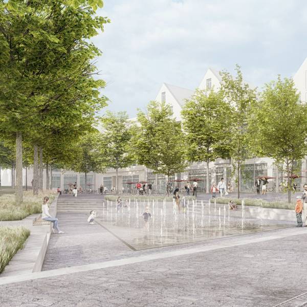 Die Visualisierung zeigt die Aufsicht auf den neuen Marktplatz/auf den Wasserspielplatz.