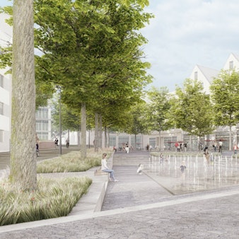 Die Visualisierung zeigt die Aufsicht auf den neuen Marktplatz/auf den Wasserspielplatz.