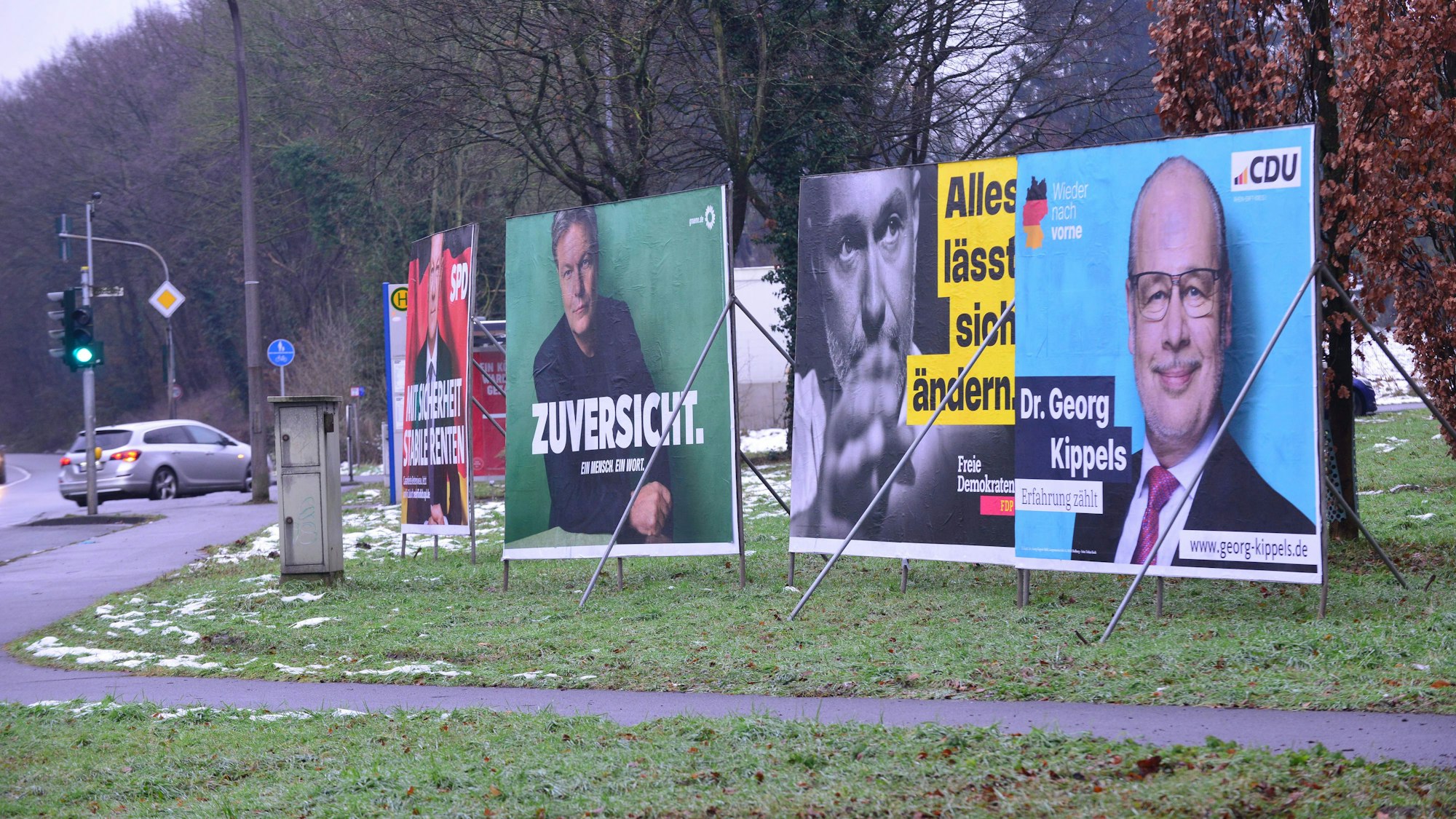 Auf dem Bild sind Wahplakate am Rand einer Straße zu sehen.