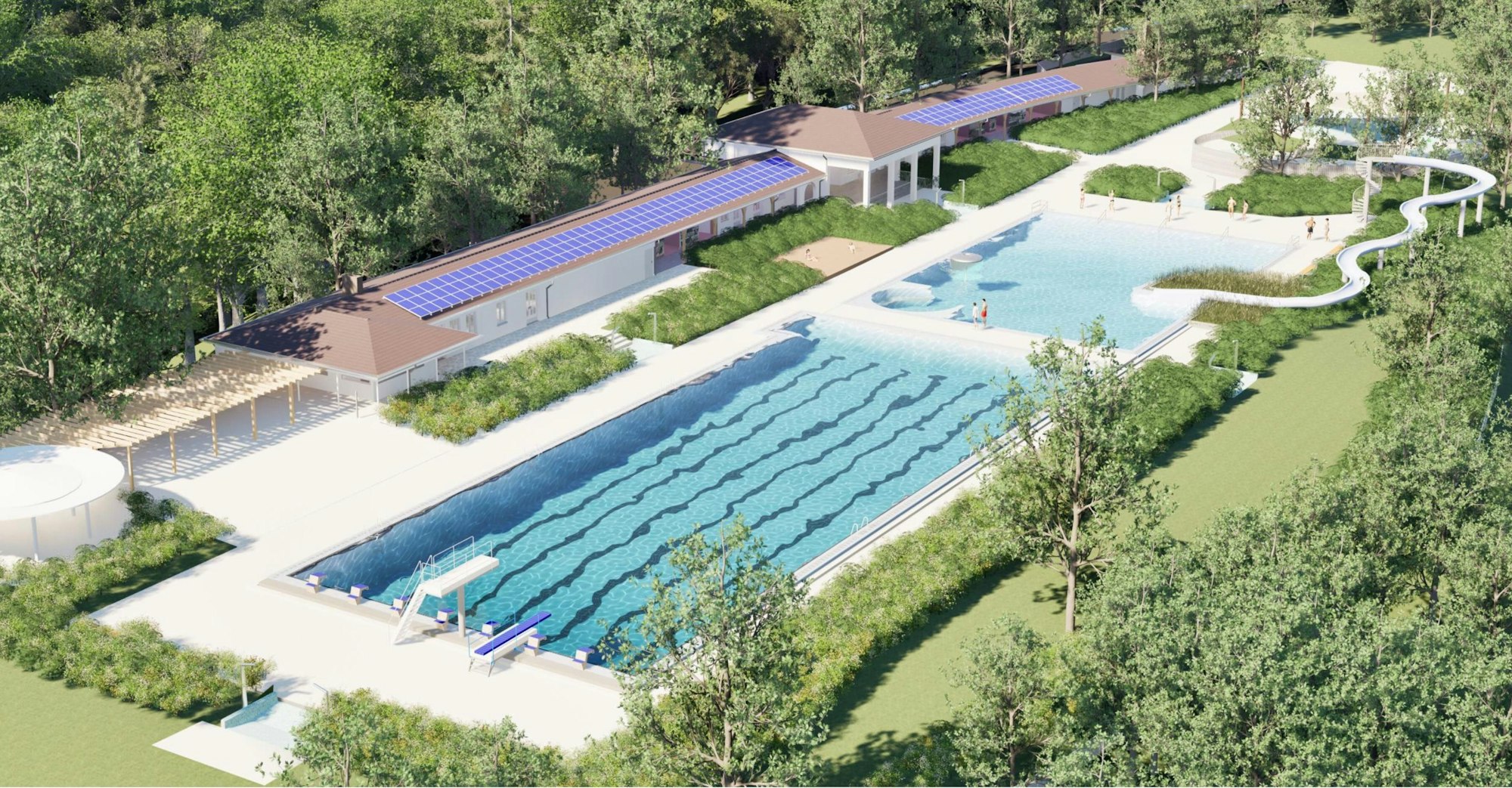 Die Visualisierung eines Freibades mit zwei großen Schwimmbecken.