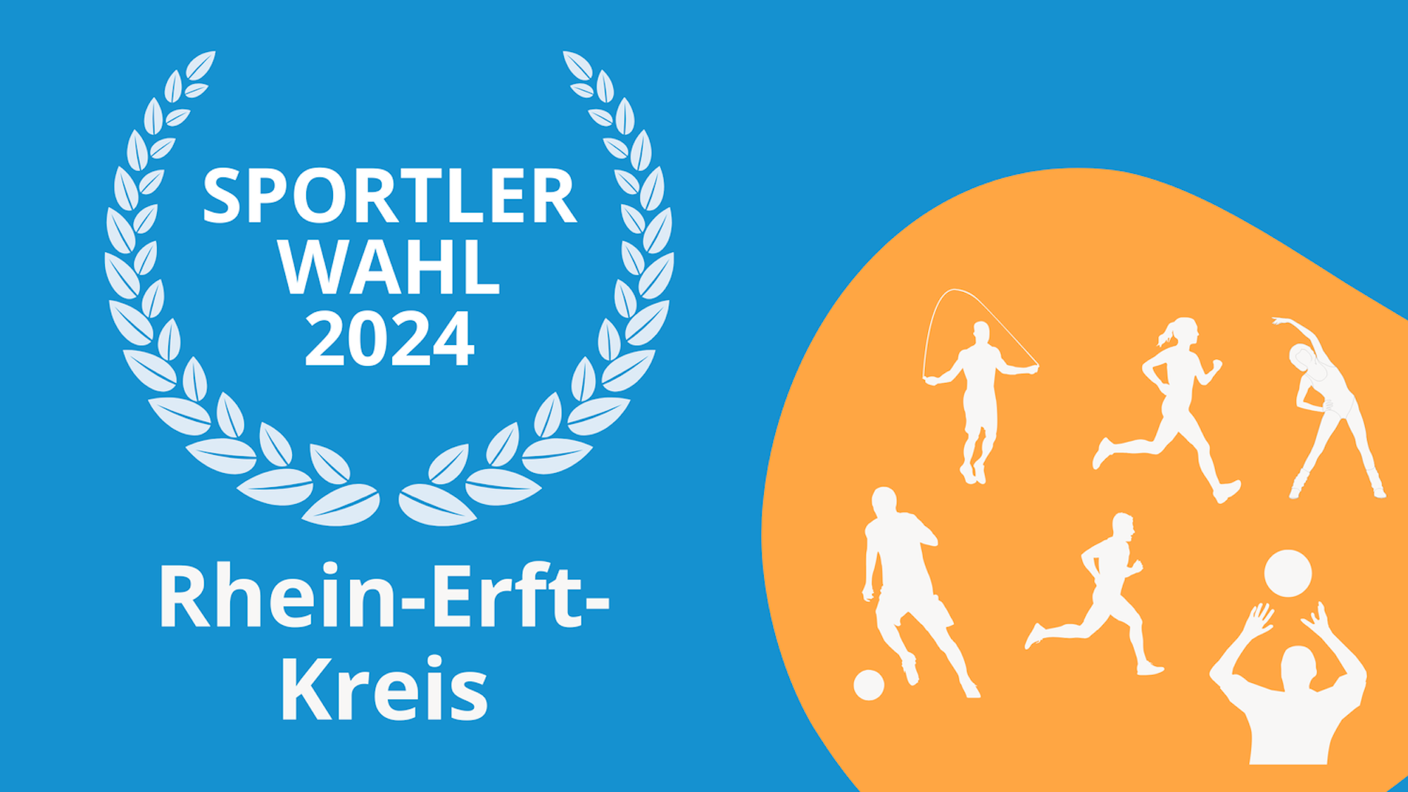 Ein Symbolbild mit einem Lorbeerkranz und Icons von verschiedenen Sportarten, sowie der Unterschrift Sportlerwahl 2024 Rhein-Erft-Kreis
