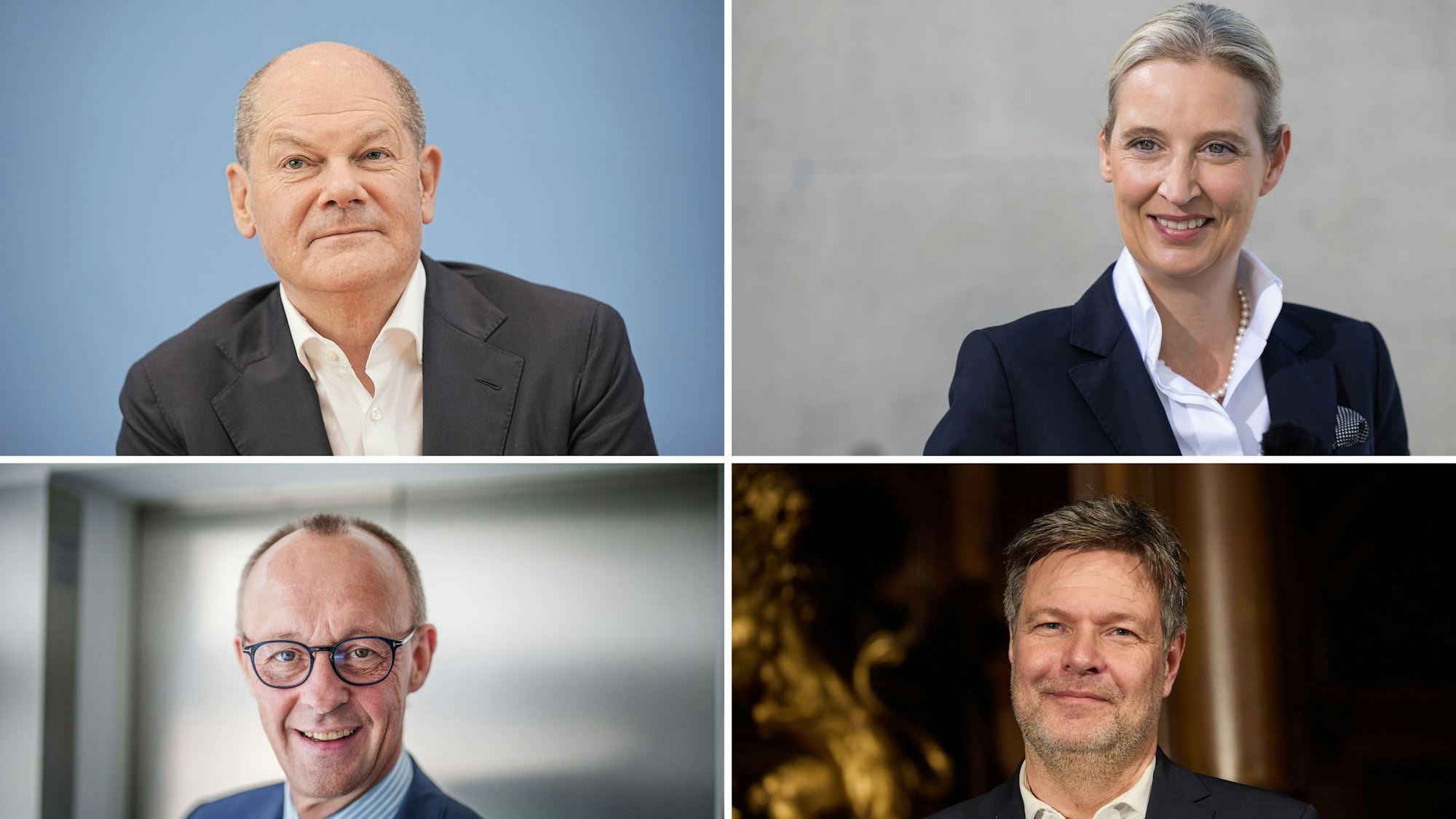 ARCHIV - 22.11.2024, Berlin: KOMBO - Bundeskanzler Olaf Scholz (SPD, oben, l-r, Archivfoto vom 14.07.2023), Alice Weidel (AfD), Bundesparteivorsitzende (Archivfoto vom 10.09.2023), sowie Friedrich Merz (Archivfoto vom 20.09.2024), CDU-Bundesvorsitzender und CDU/CSU Fraktionsvorsitzender im Bundestag, und Robert Habeck (Bündnis 90/Die Grünen, Archivfoto vom 12.01.2024), Bundeswirtschaftsminister und Vizekanzler. (zu dpa: «Aus zwei mach vier: Merz will TV-Duell mit Scholz erweitern») Foto: Kappeler/Albert/Wendt/dpa +++ dpa-Bildfunk +++