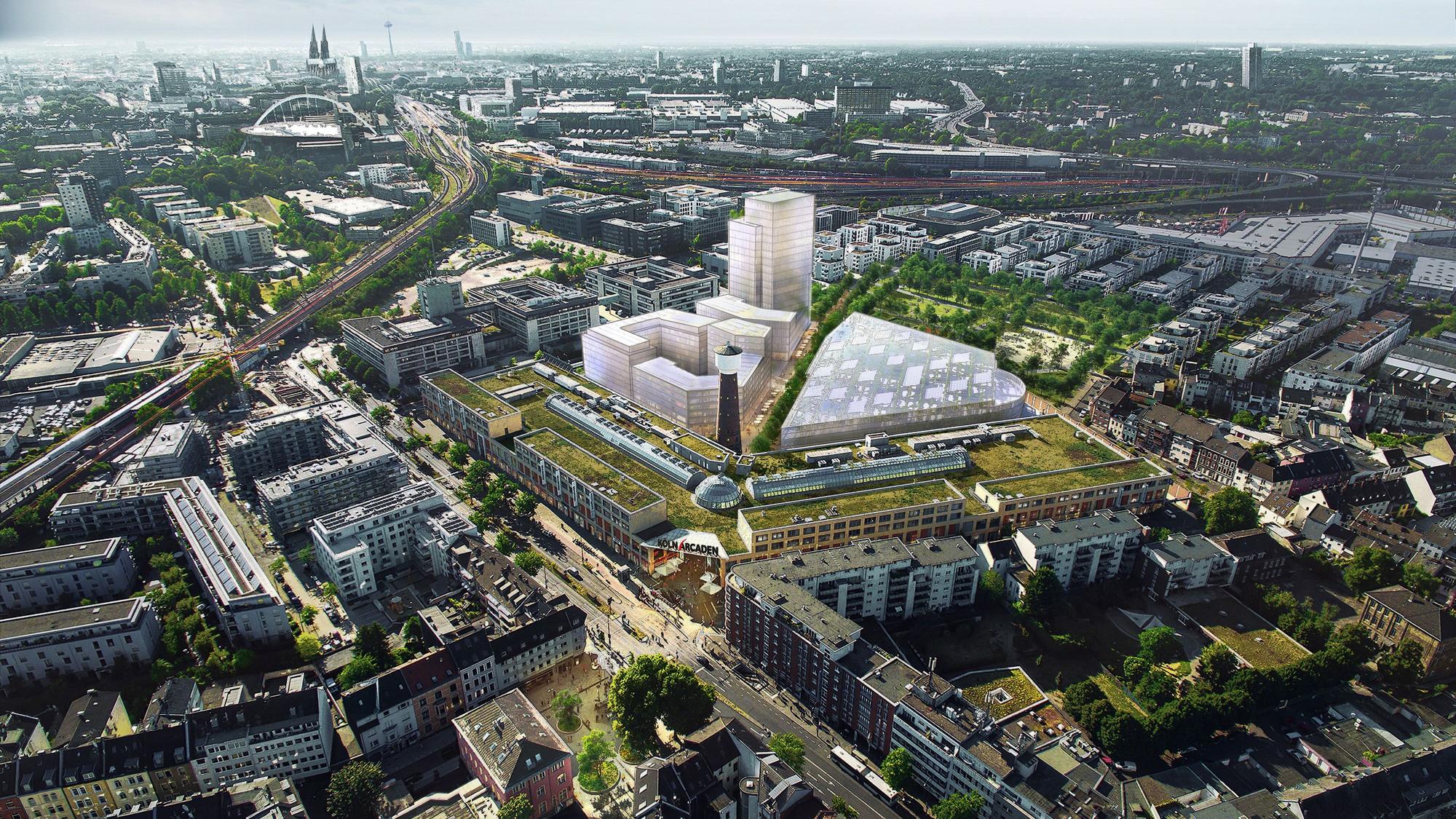 Zu sehen ist die Visualisierung einer Vorstufe für eine Neubebauung hinter den Köln-Arcaden.