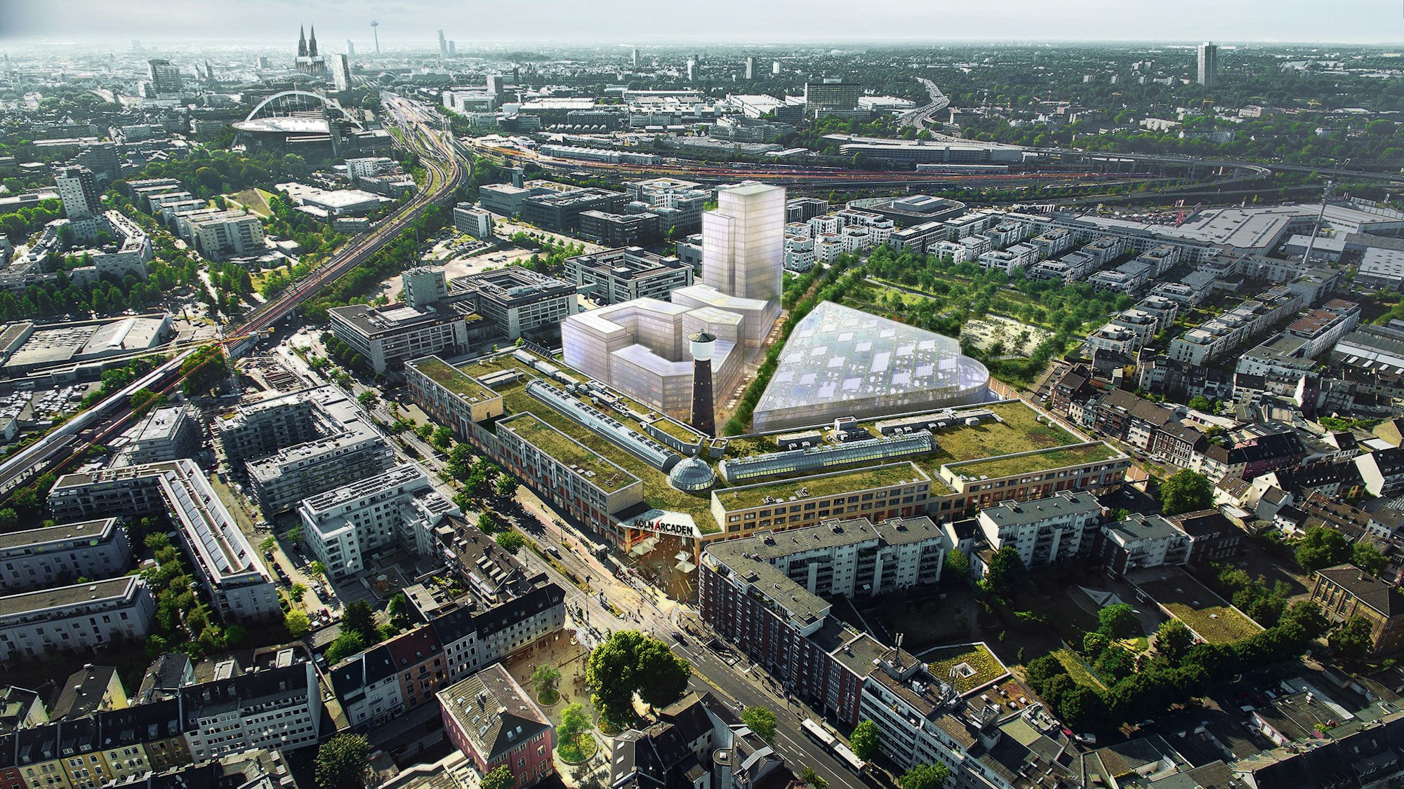 Zu sehen ist die Visualisierung einer Vorstufe für eine Neubebauung hinter den Köln-Arcaden.