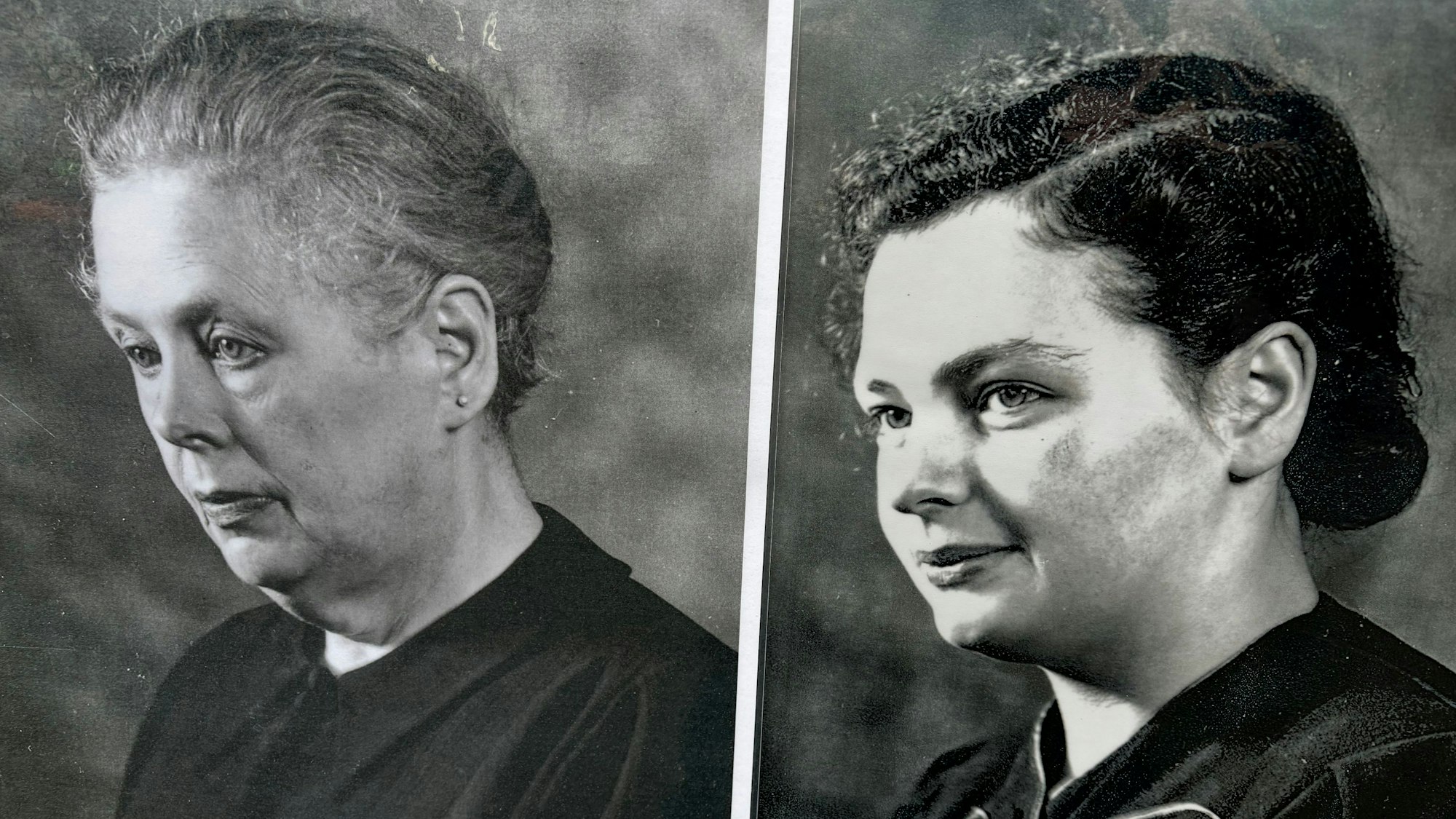 Zwei Schwarz-Weiß-Aufnahmen zeigen eine ältere Frau und eine junge Frau, die ihr ähnlich sieht.