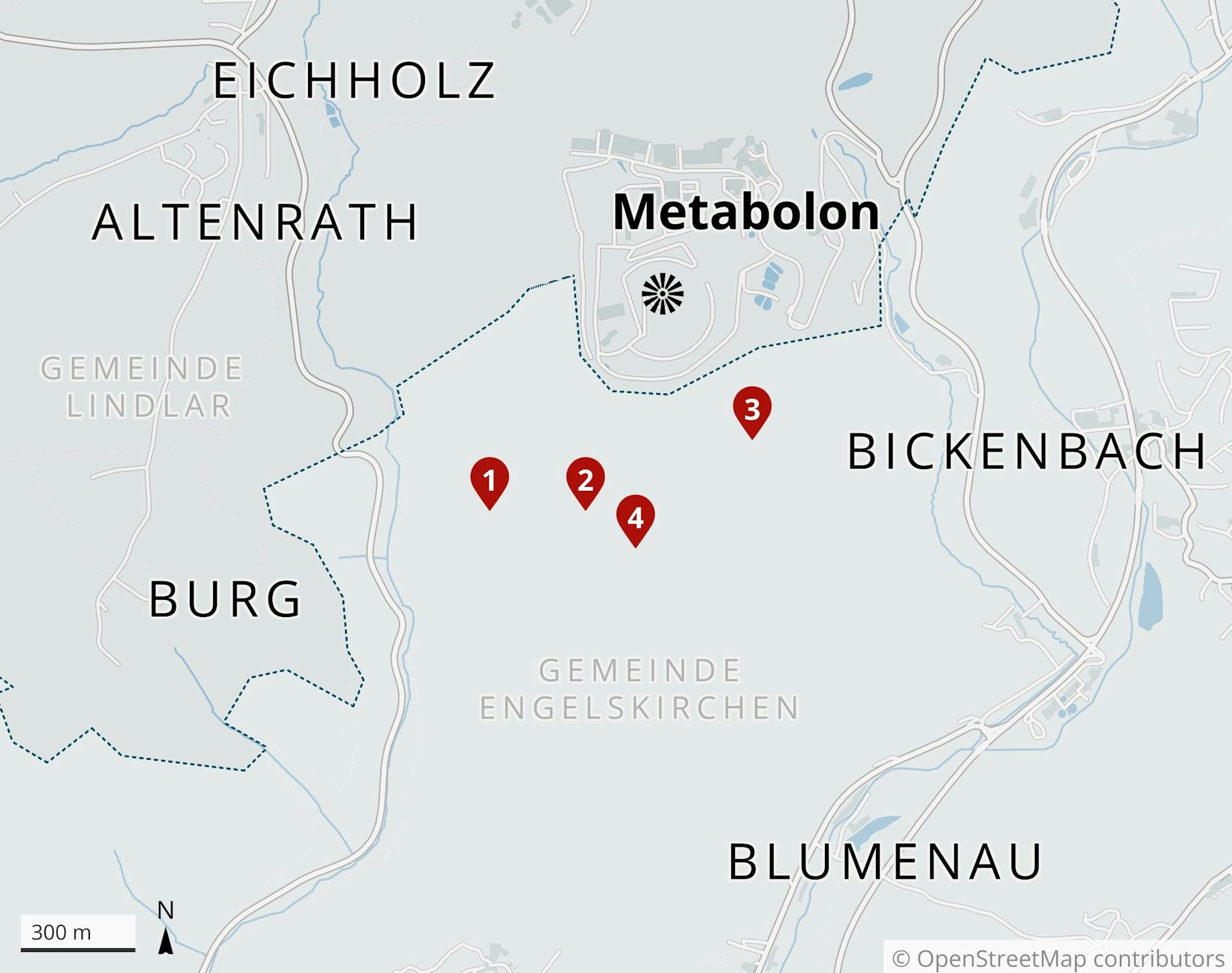 Eine Karte zeigt die Standorte der vier Windkraftanlagen, die in Engelskirchen Anfang 2025 genehmigt worden sind.