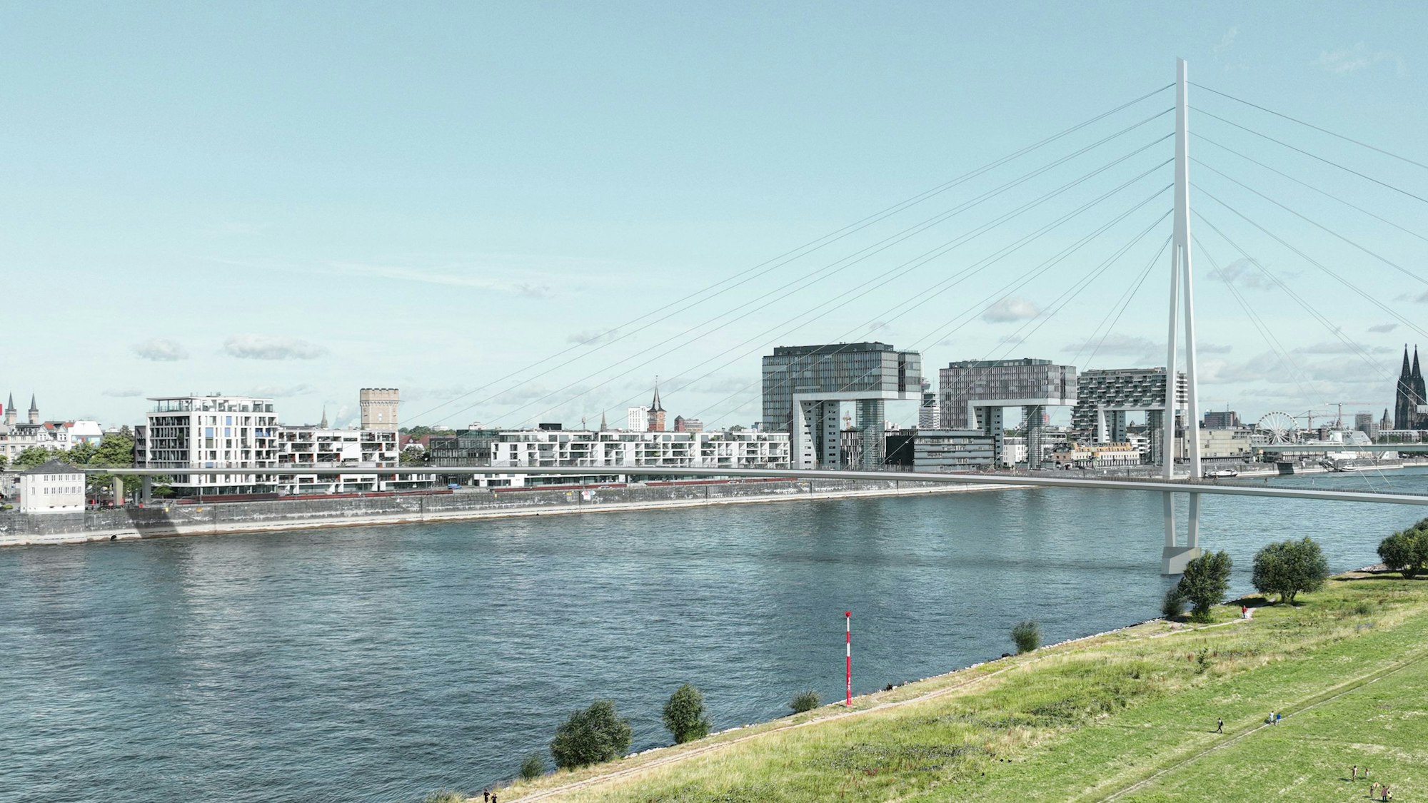 Die südliche Rheinbrücke würde von der Südstadt über die Poller Wiesen hinweg zur Alfred-Schütte-Allee führen.