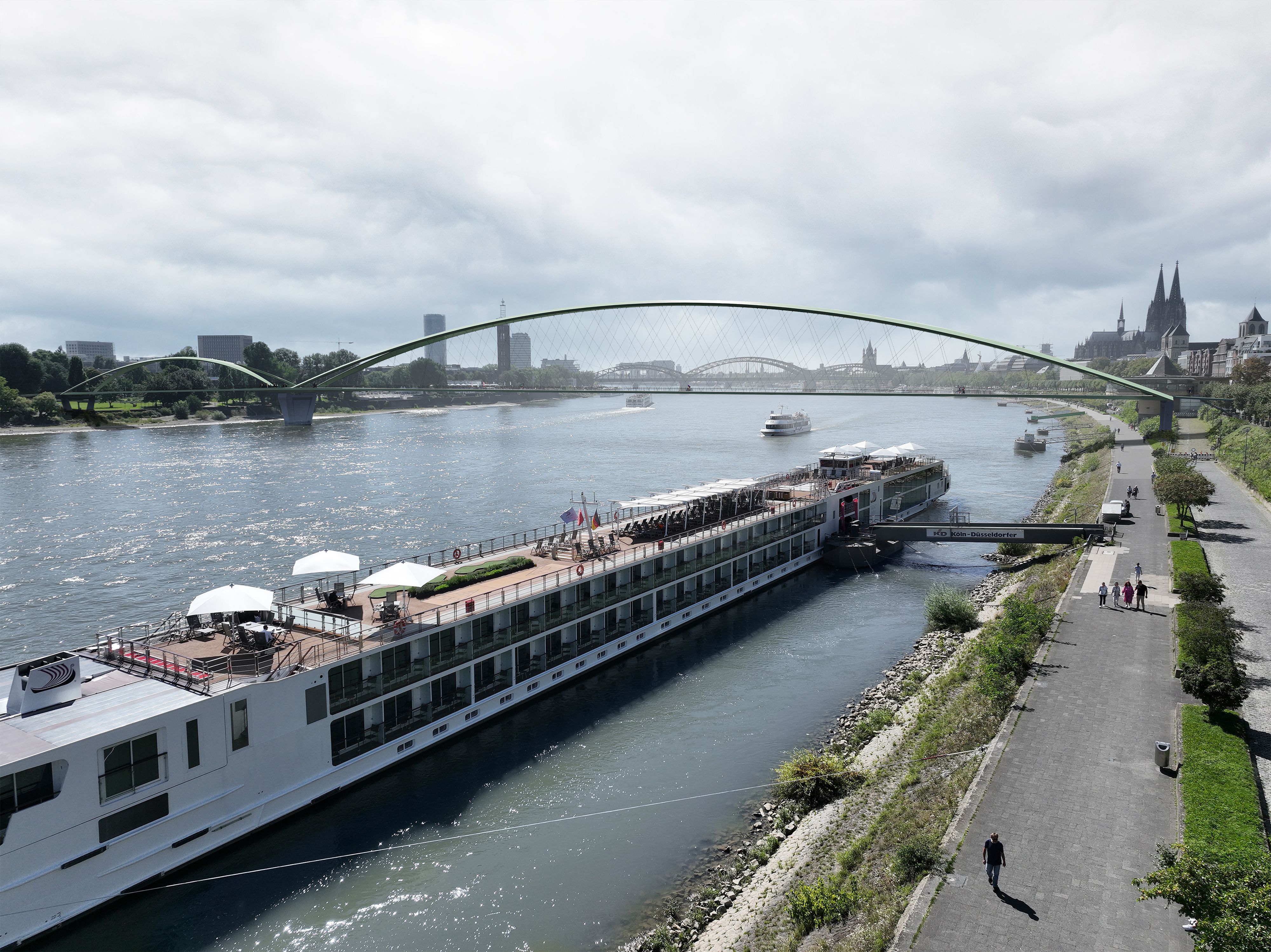 Diese Visualisierung zeigt die Rad- und Gehwegbrücke über den Rhein in Köln.