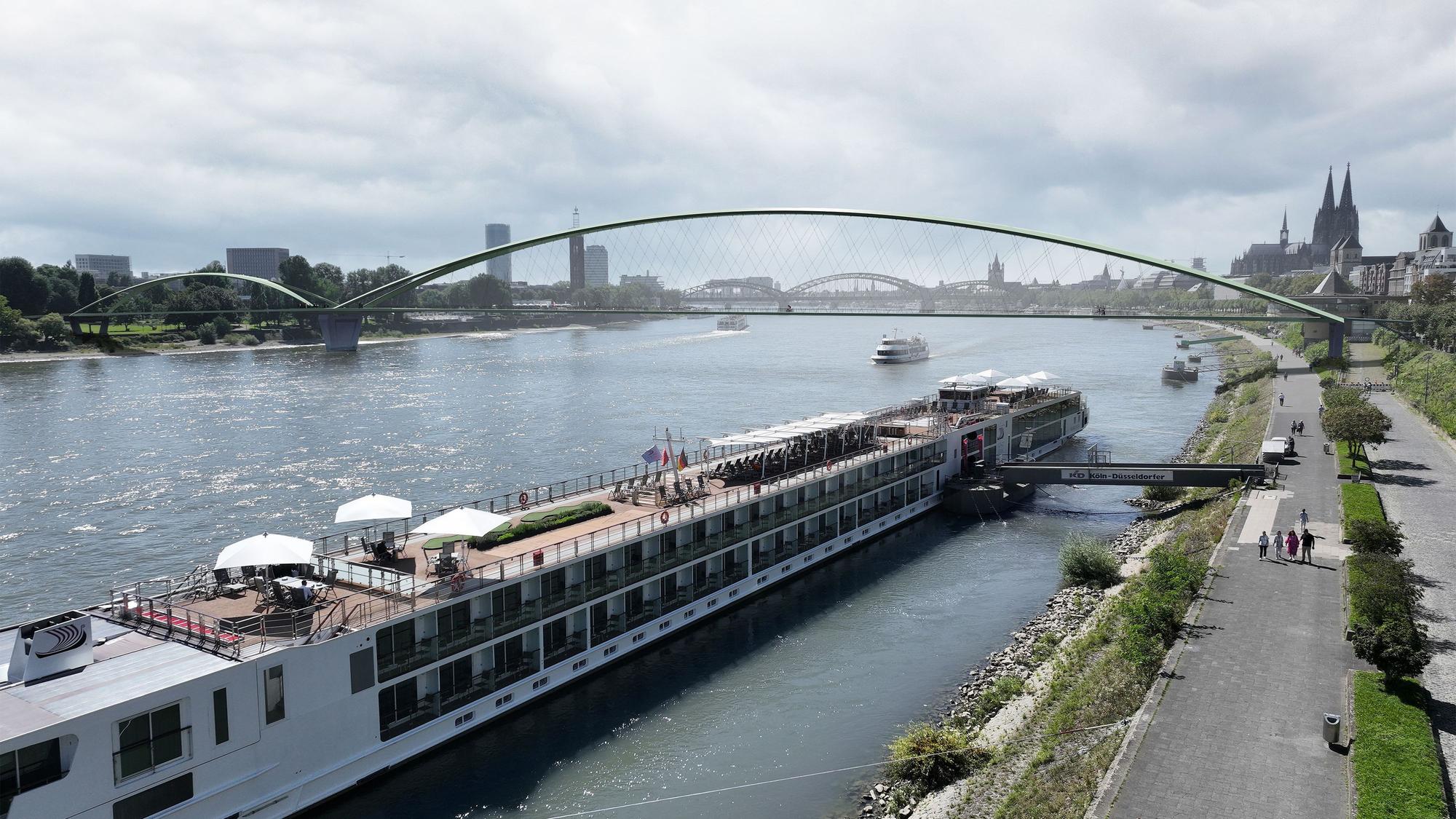 Diese Visualisierung zeigt die Rad- und Gehwegbrücke über den Rhein in Köln.