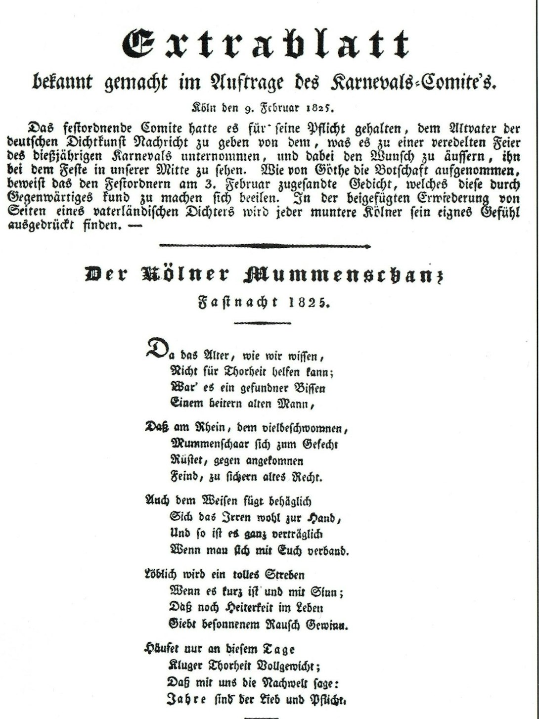 Ein Abdruck des Gedichts „Der Cölner Mummenschanz“