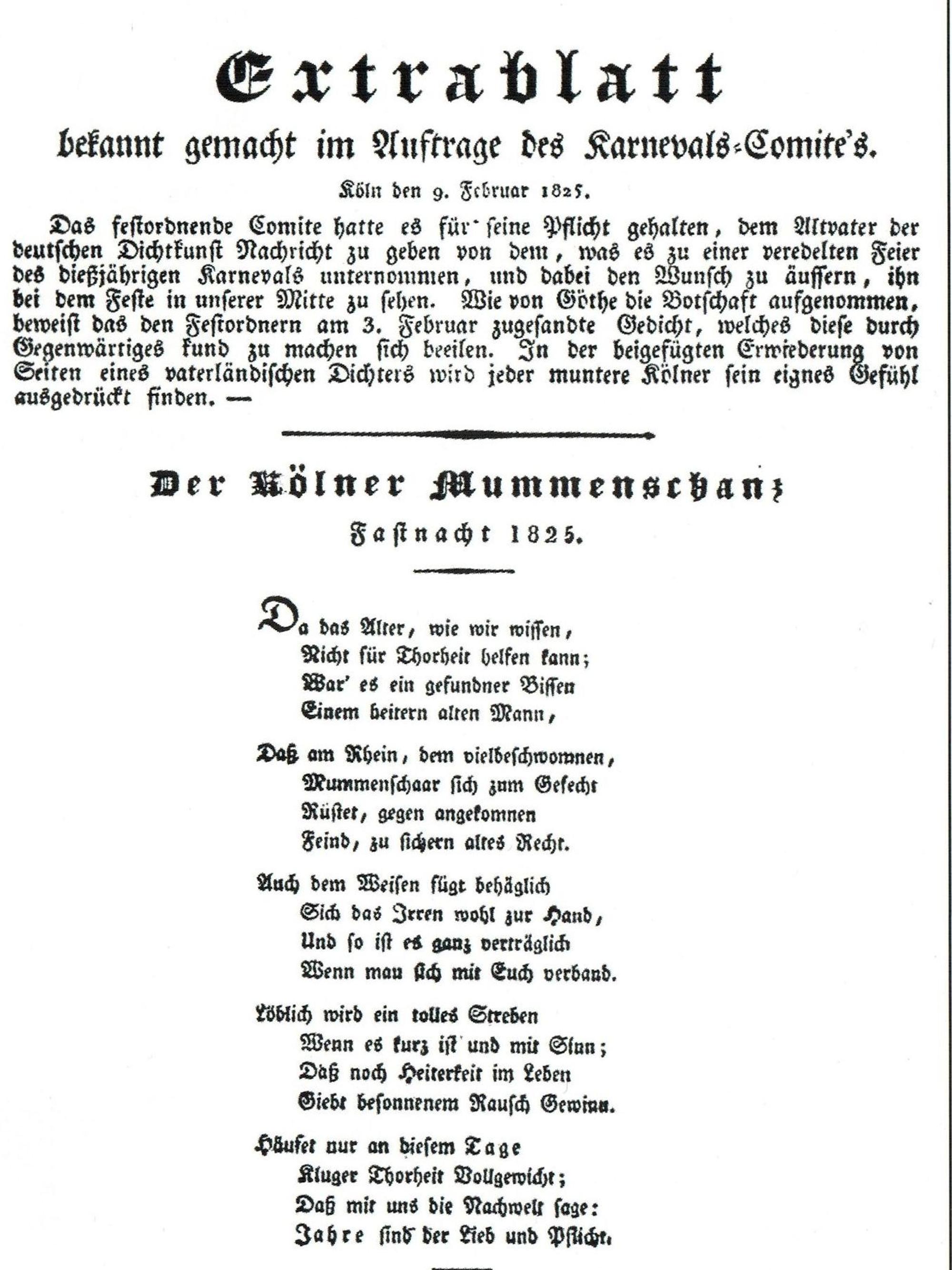 Ein Abdruck des Gedichts „Der Cölner Mummenschanz“