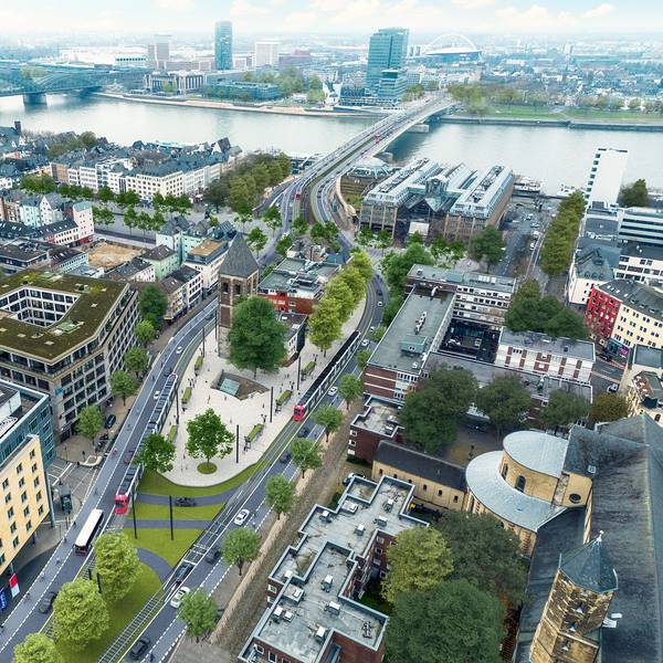 Visualisierungen des gemeinsamen Plans von CDU, SPD und FDP für die Ost-West-Achse am Elogiusplatz.