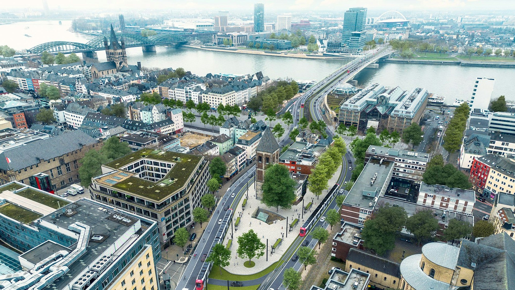 Visualisierungen des gemeinsamen Plans von CDU, SPD und FDP für die Ost-West-Achse am Elogiusplatz.