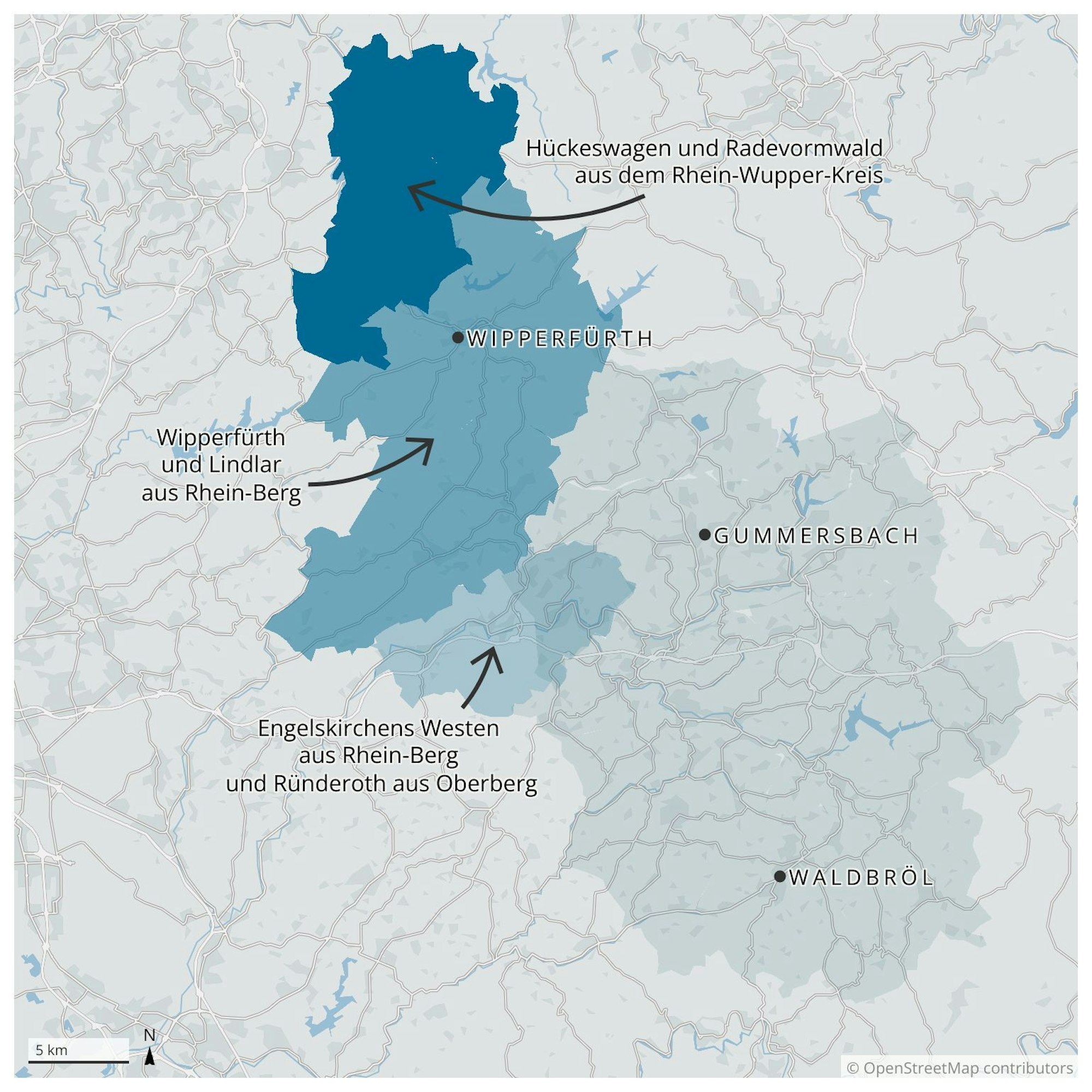 Eine Karte zeigt die Städte und Gemeinden des Oberbergischen Kreises. Farblich unterlegt sind die Kommunen, die bei der kommunalen Neugliederung 1975 Oberberg zugeschlagen wurden. Das sind Hückeswagen und Radevormwald im Norden. Dazu Wipperfürth, Lindlar und Teile Engelskirchens im Nord-Westen. 
Der Teil der früher eigenständigen Gemeinde Ründeroth, der in Engelskirchen aufging, ist ebenfalls farblich abgestuft. Die Fläche der Gemeinde Ründeroth ist eine rein schematische Darstellung.