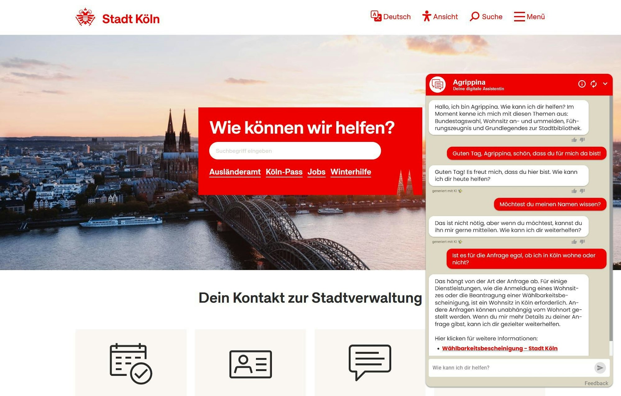 Screenshot des Internetauftritts der Stadt Köln mit dem neuen Chatbot ‚Agrippina‘ (r.), der Fragen von Bürgern mit Hilfe von Künstlicher Intelligenz (KI) beantwortet.