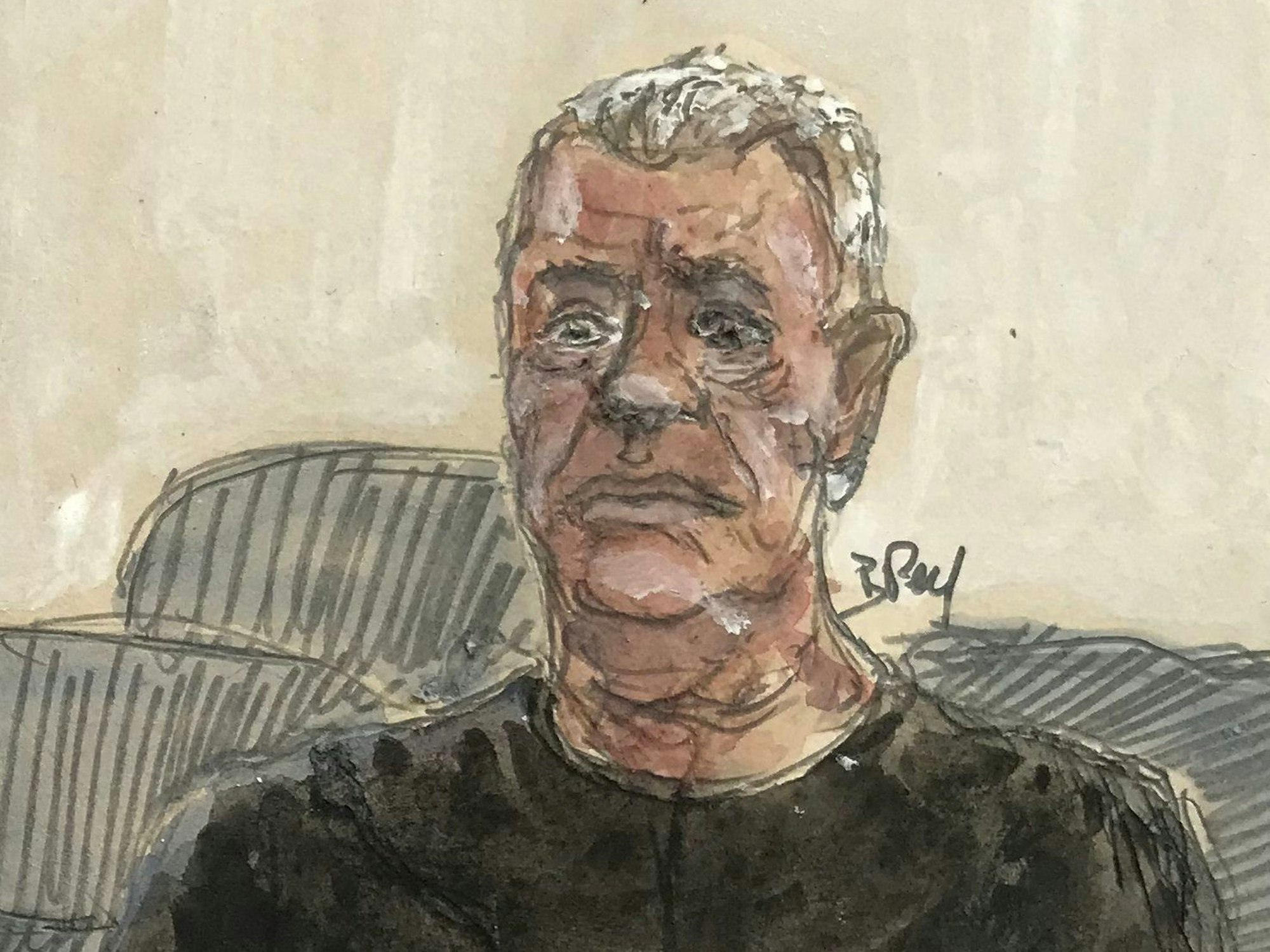 Eine Gerichtszeichnung von Dominique Pelicot (R) während des Prozess 2024.