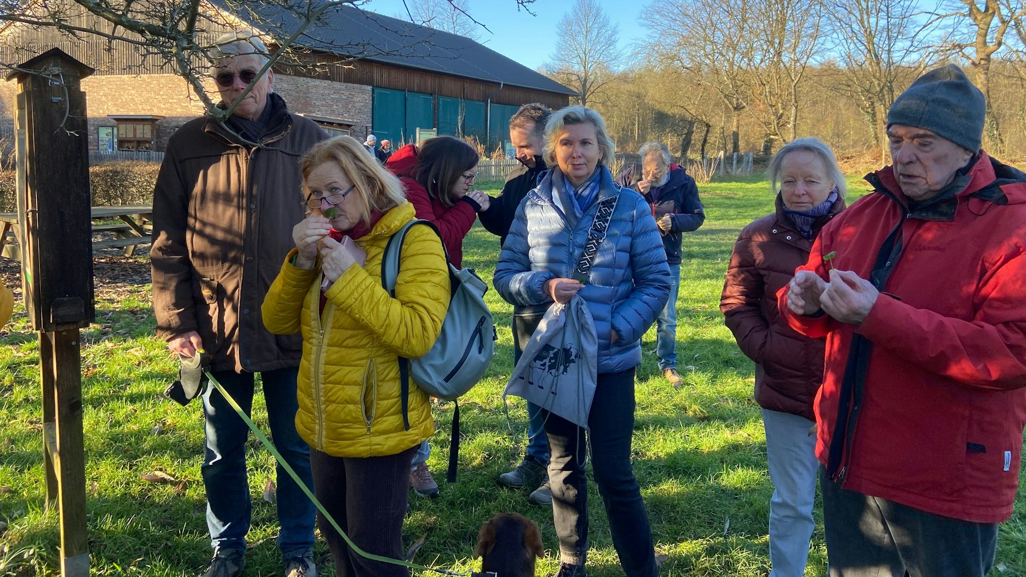 Menschen in bunten Anoraks stehen auf einer Wiese, sie haben Kräuter in der Hand.