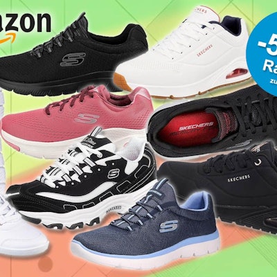 Verschiedene Skechers Sneaker Modelle mit unterschiedlichen Farben vor einem bunten Hintergrund.