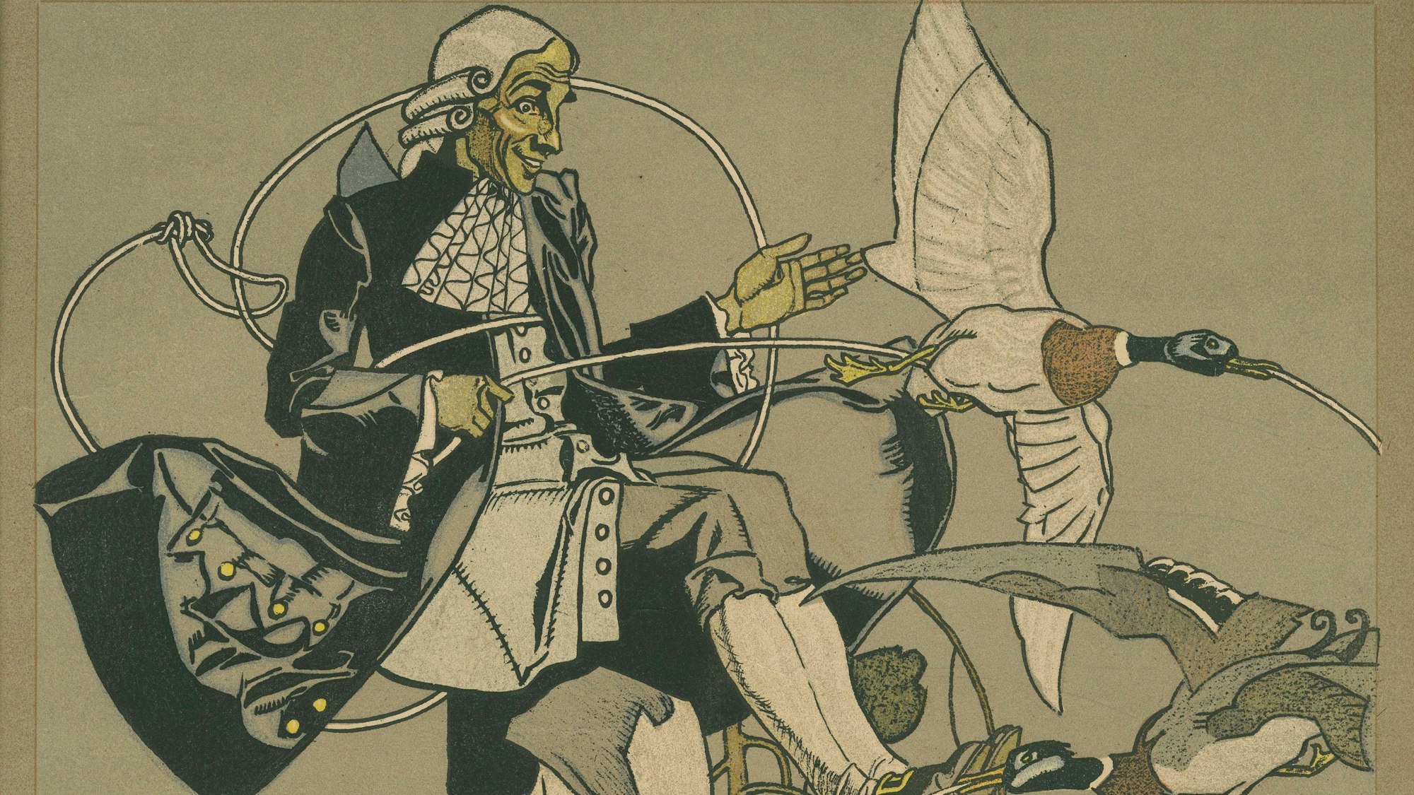 Eine Jugenstildarstellung des Barons Münchhausen, der von Kranichen durch die Luft gezogen wird.