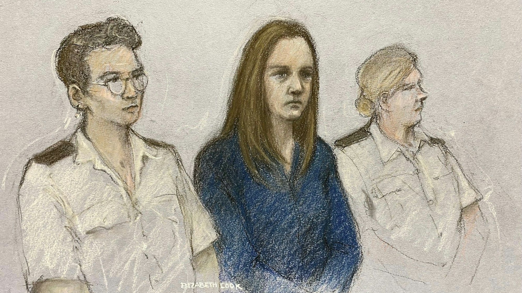 Eine Zeichnung aus dem Gericht vom 10. August 2023. In dem Jahr wurde Lucy Letby (Mitte) zu lebenslanger Haft verurteilt. Hat sich die Justiz geirrt?