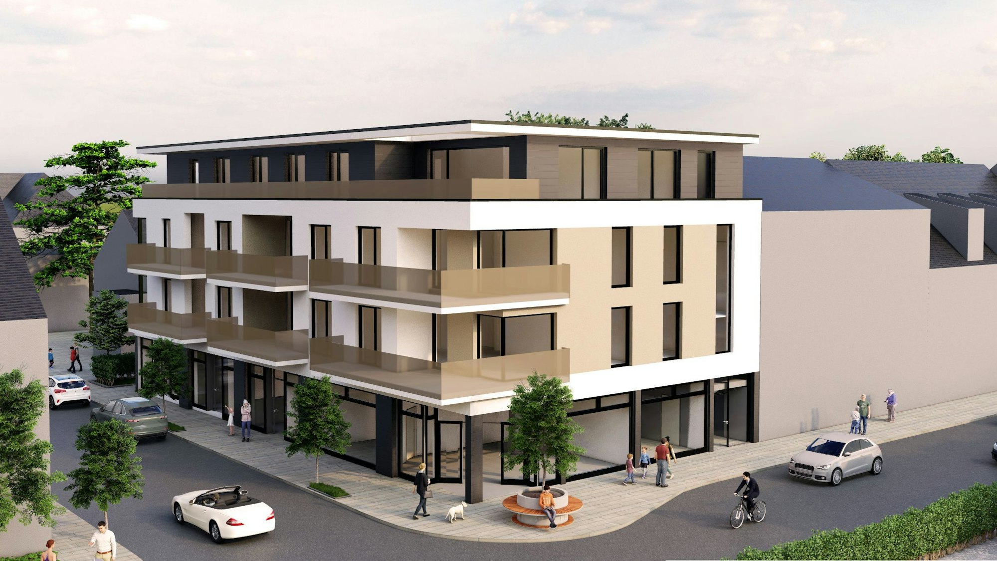 Die 3D-Visualisierung zeigt den Entwurf eines Wohnbauprojekts an der Ecke Bahnstraße/Arembergstraße in Mechernich.