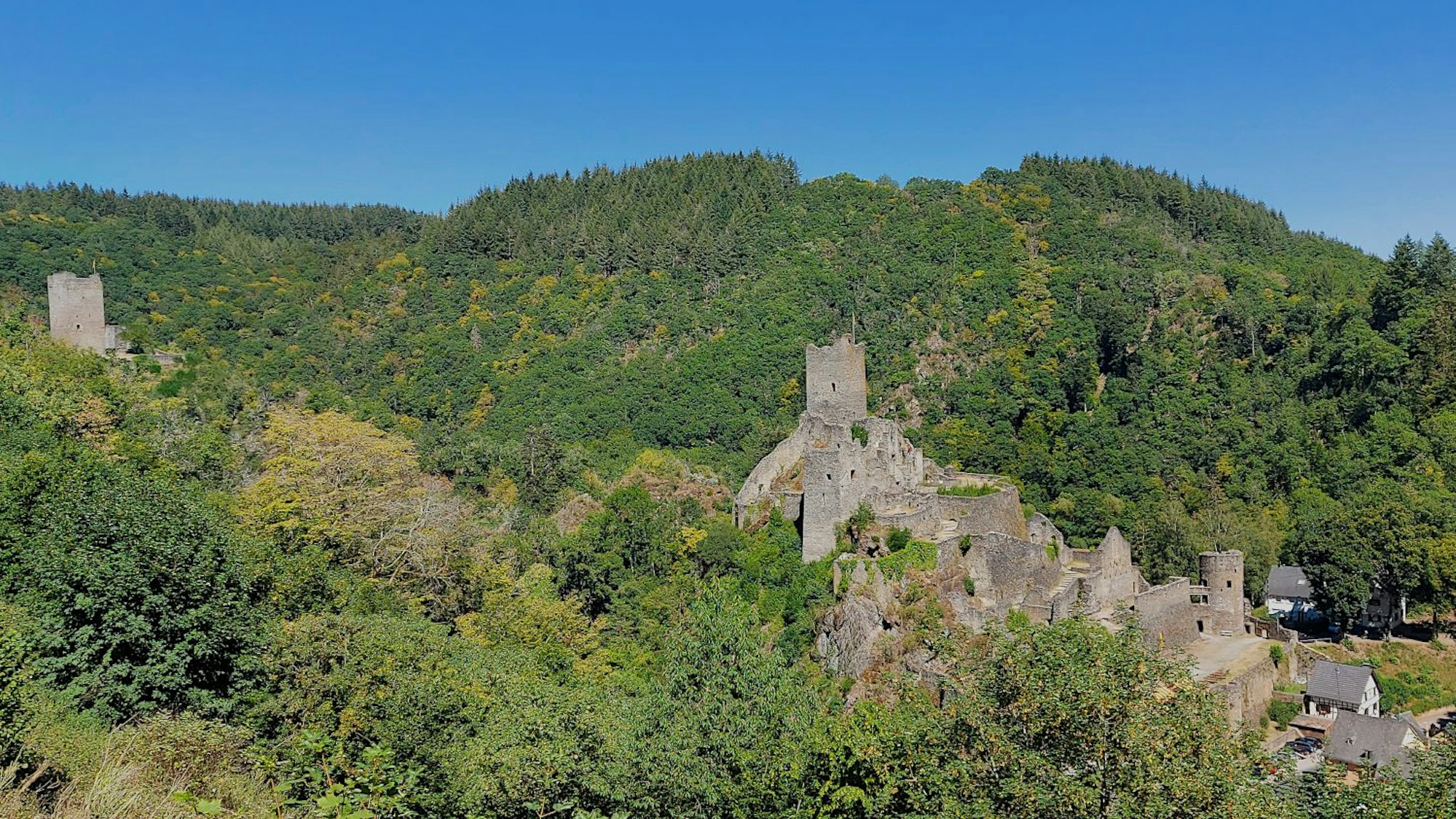 In grünen Wäldern sind die Manderscheider Burgen zu sehen.