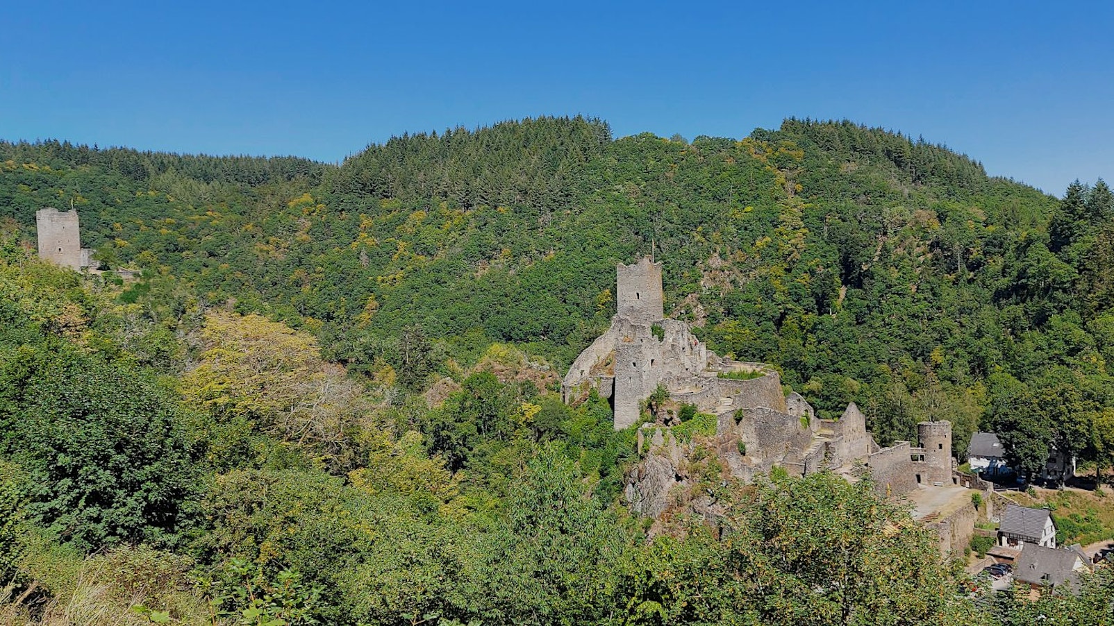 In grünen Wäldern sind die Manderscheider Burgen zu sehen.