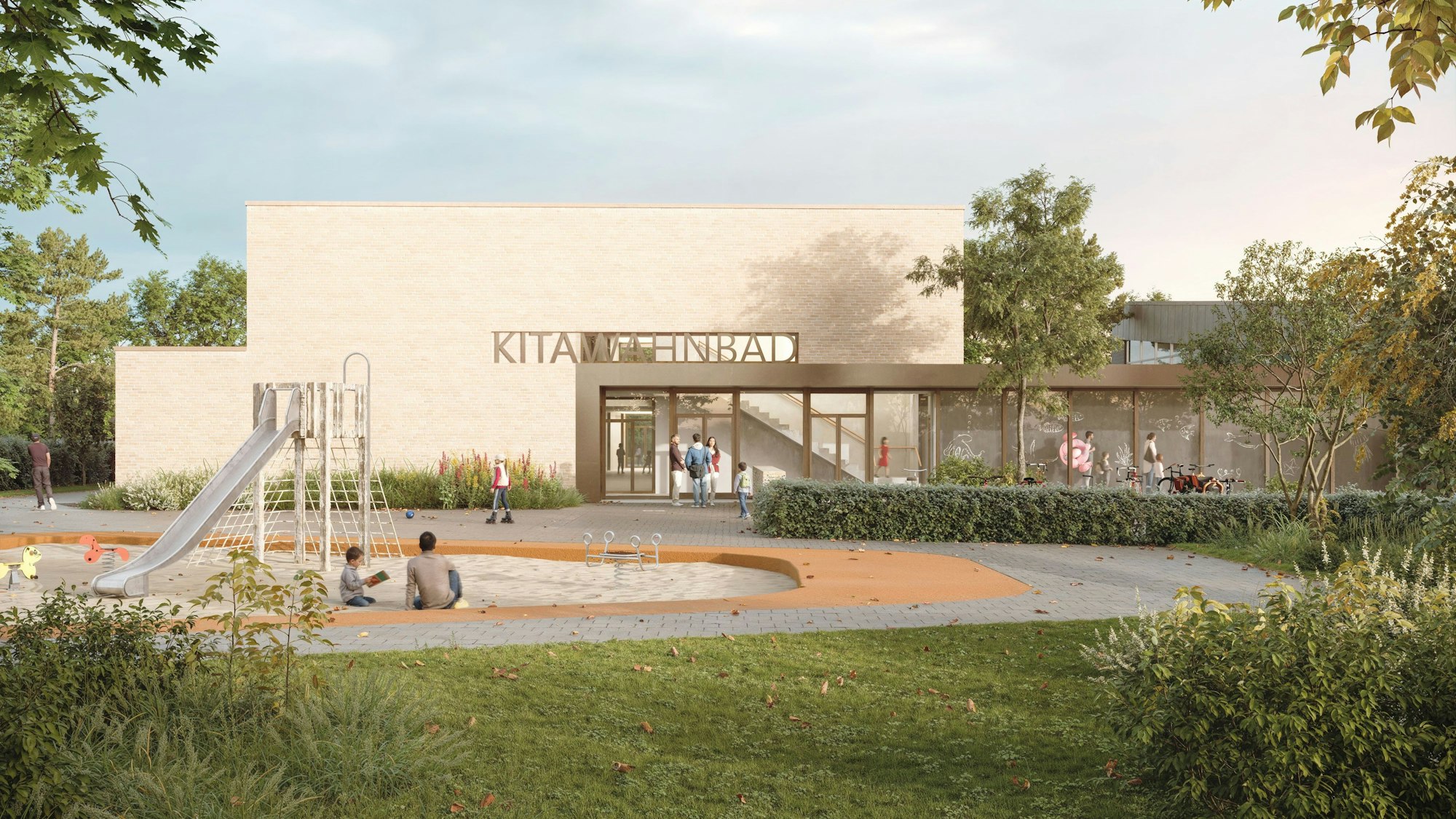 So könnte die Schwimm-Kita in Wahn aussehen. Grafik: ZHAC Zweering und Helmus Architektur + Consulting