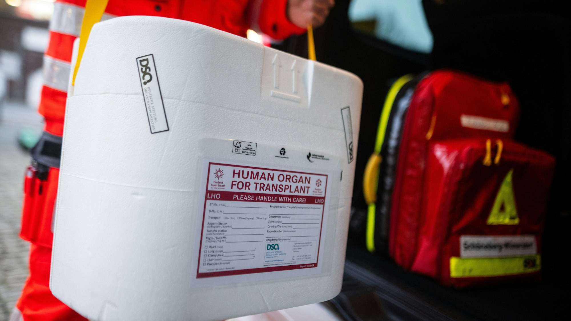 Ein Mitarbeiter des DRK stellt eine Kühlbox für eine Organspende in einen Transporter des Deutschen Roten Kreuzes. (gestellte Szene)