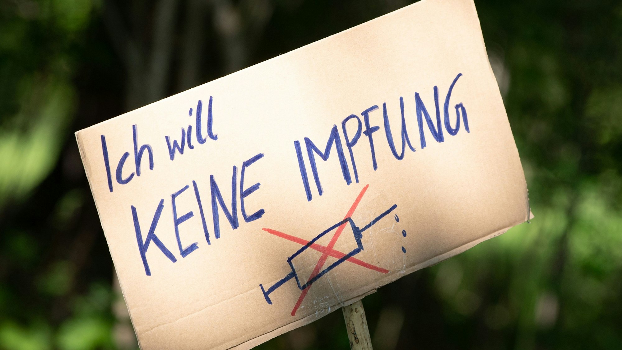 Ein Schild mit der Aufschrift «Ich will keine Impfung» steht am Rande einer Kundgebung von Anhängern von Verschwörungstheorien zur Corona-Krise im Großen Garten auf einer Wiese.