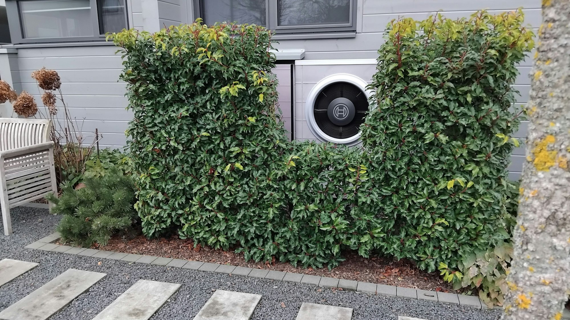 Eine Wärmepumpe vor einem Einfamilienhaus, umrankt von einer immergrünen Hecke