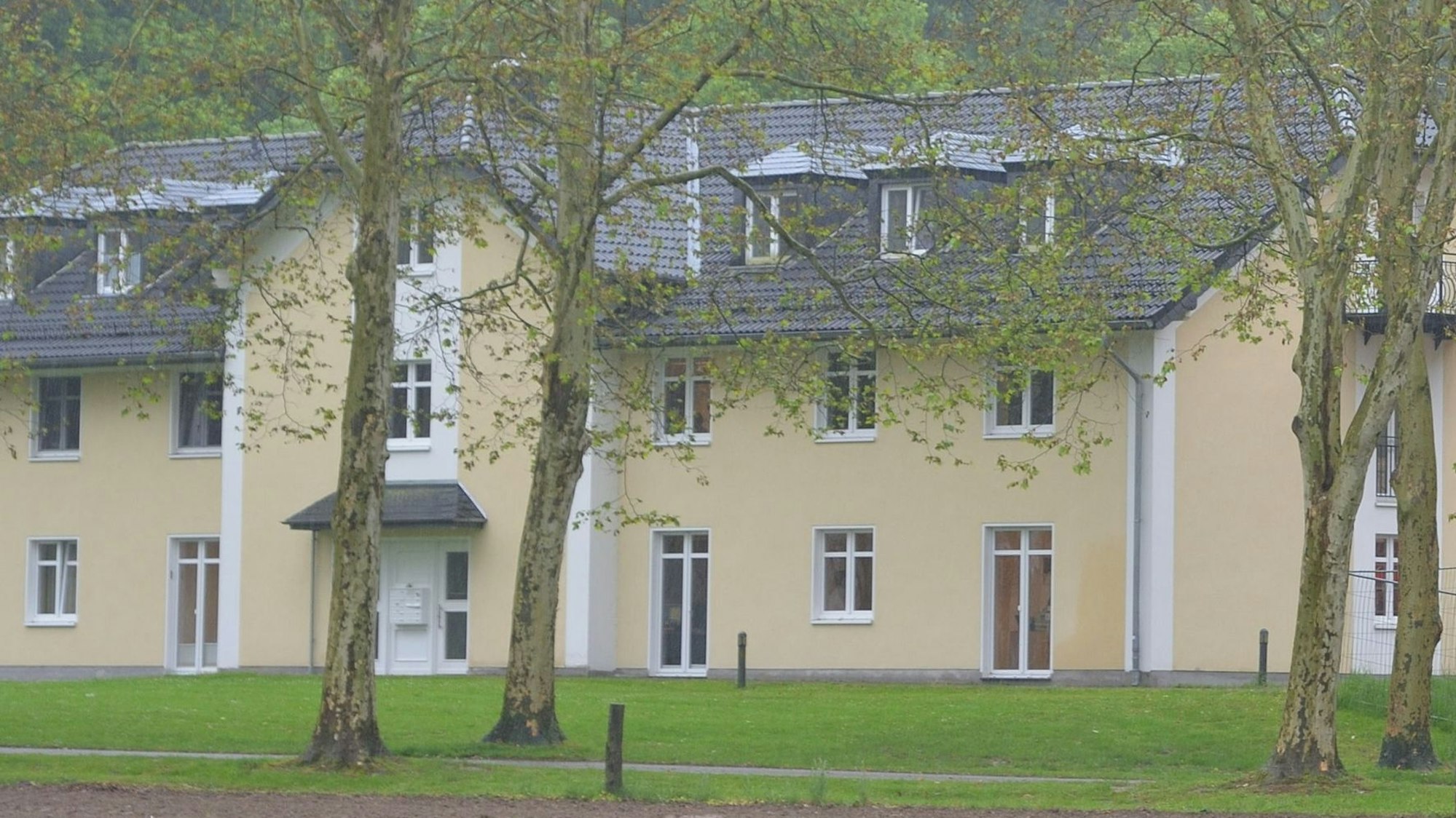 Ein gelbes Haus unter Linden.