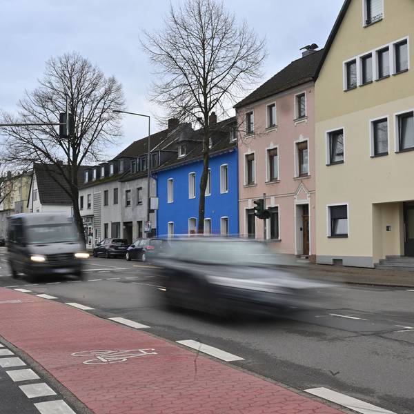 Auf der Straße sind außer Pkw, ein Fahrrad sowie ein Laster unterwegs.