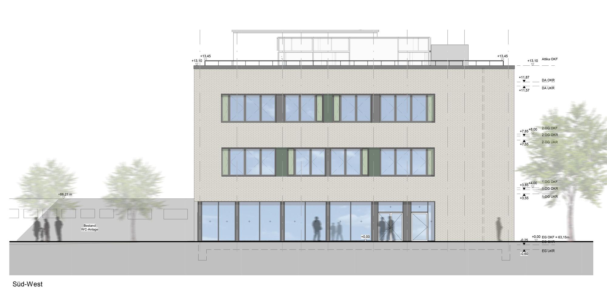 Das Bild zeigt eine Zeichnung für den Erweiterungsbau, ein eckiges Gebäude dane,ben ein paar Bäume.