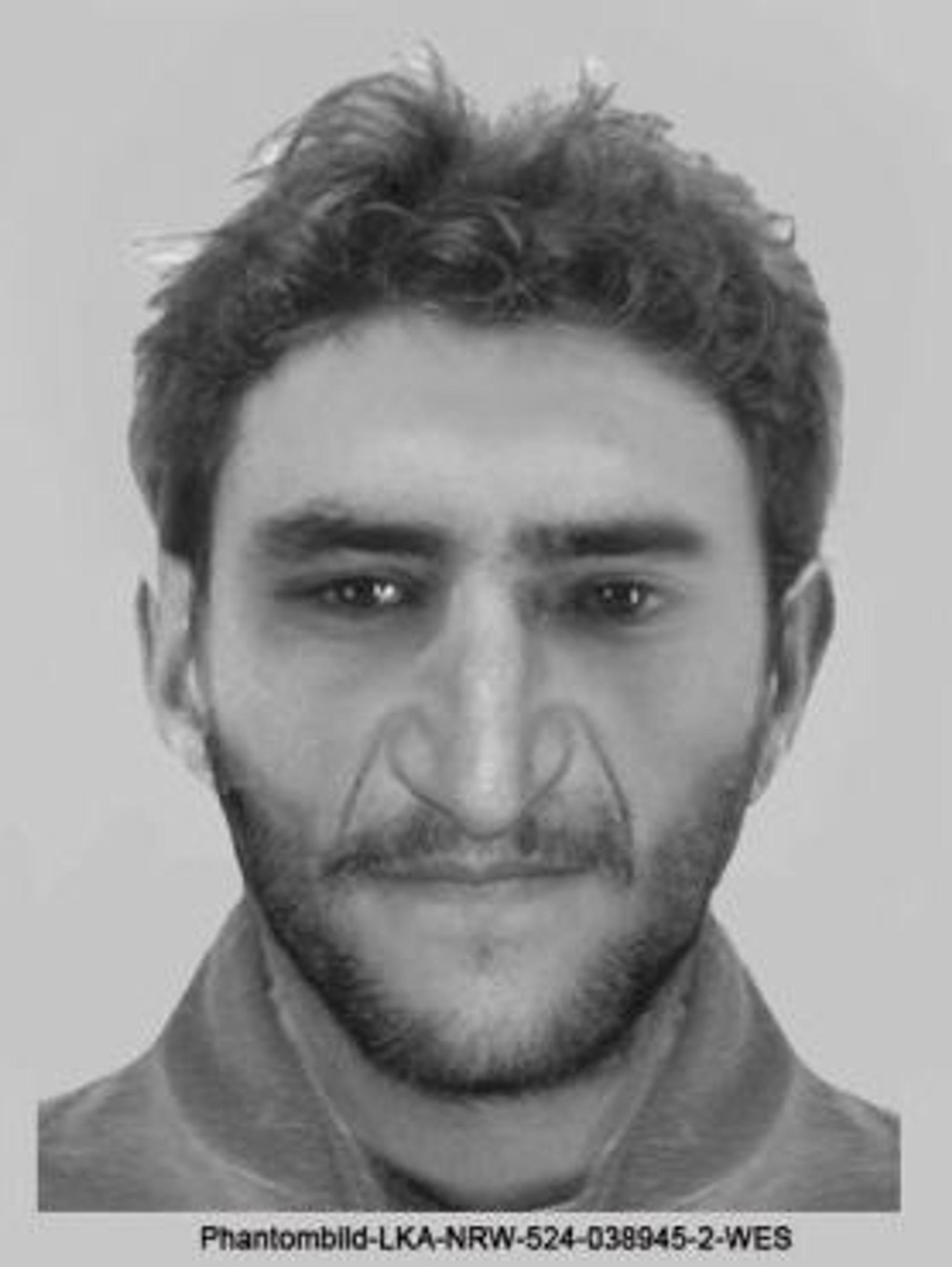 Das Phantombild zeigt das Gesicht eines schmalen Mannes mit dunklen Haaren, spitzer Nase und Drei-Tage-Bart.