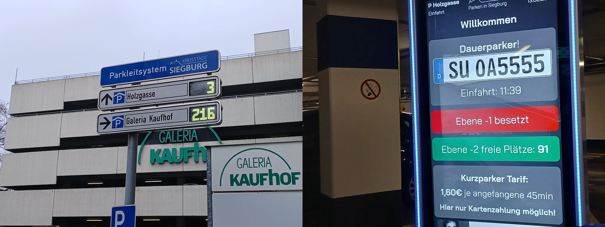 Zwei Anzeigetafeln zu freien Parkplätzen in einer Tiefgarage.