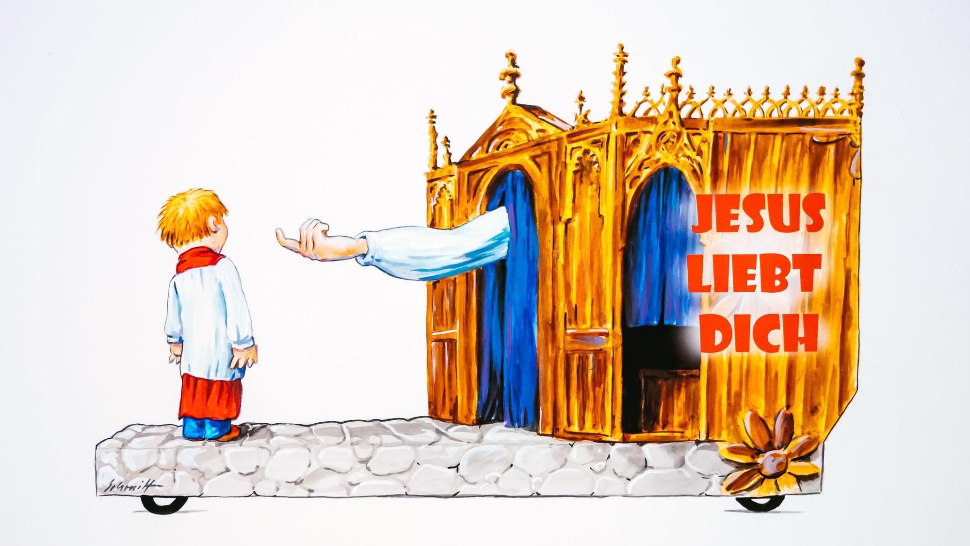 Diese Skizze zeigt den geplanten Motivwagen zum Thema Missbrauch in der Kirche für den Rosenmontagszug.