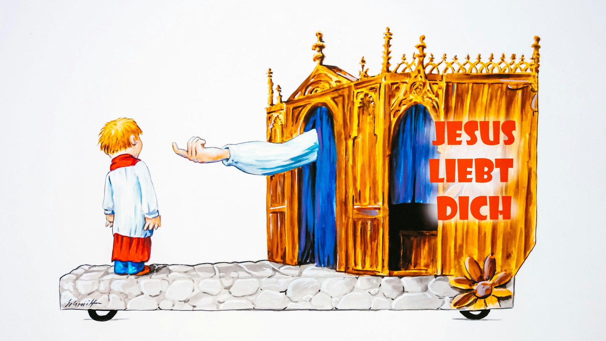 Diese Skizze zeigt den geplanten Motivwagen zum Thema Missbrauch in der Kirche für den Rosenmontagszug.