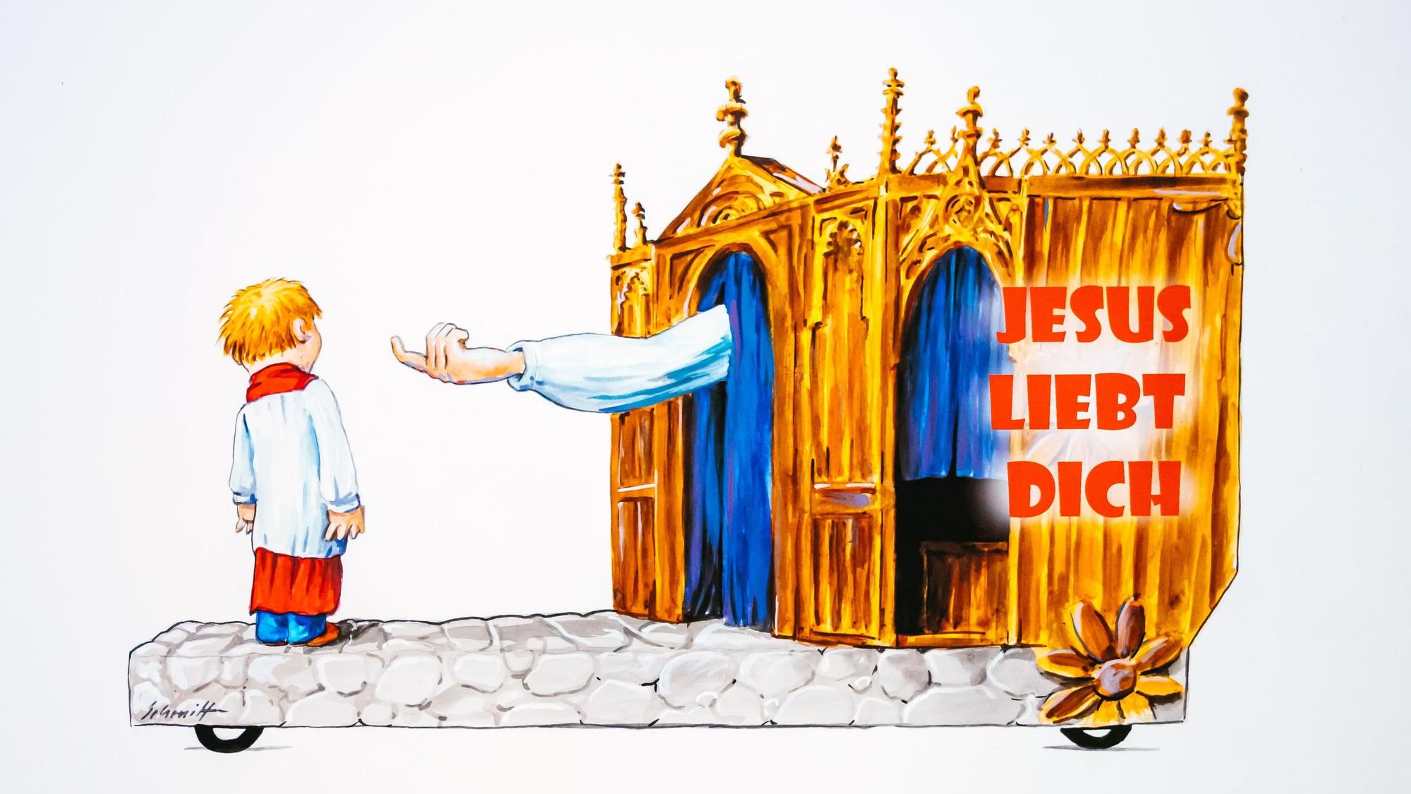 Der Persiflagewagen „Jesus liebt Dich“ des Festkomitees.